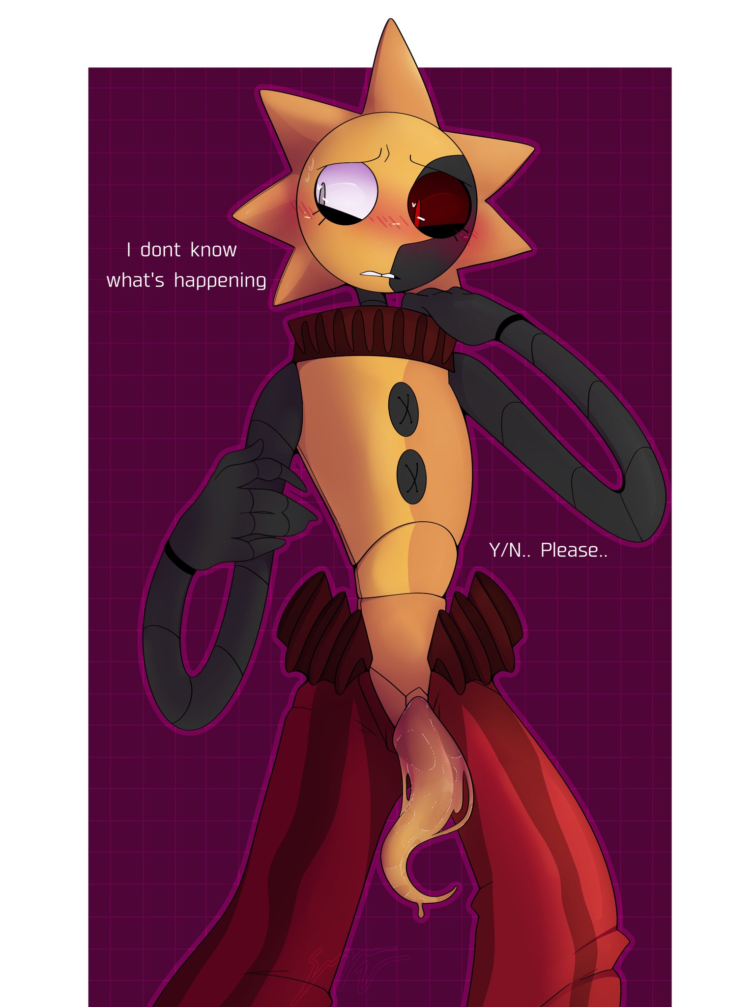 1boy, animatronic, blush, embarrassed, five nights at freddy's, five nights at freddy's: security breach, male, male only, nervous, penis, robot, slime, slimy, solo, sugarvee, sundrop, talking to viewer, tentacle, tentacle penis, undressing