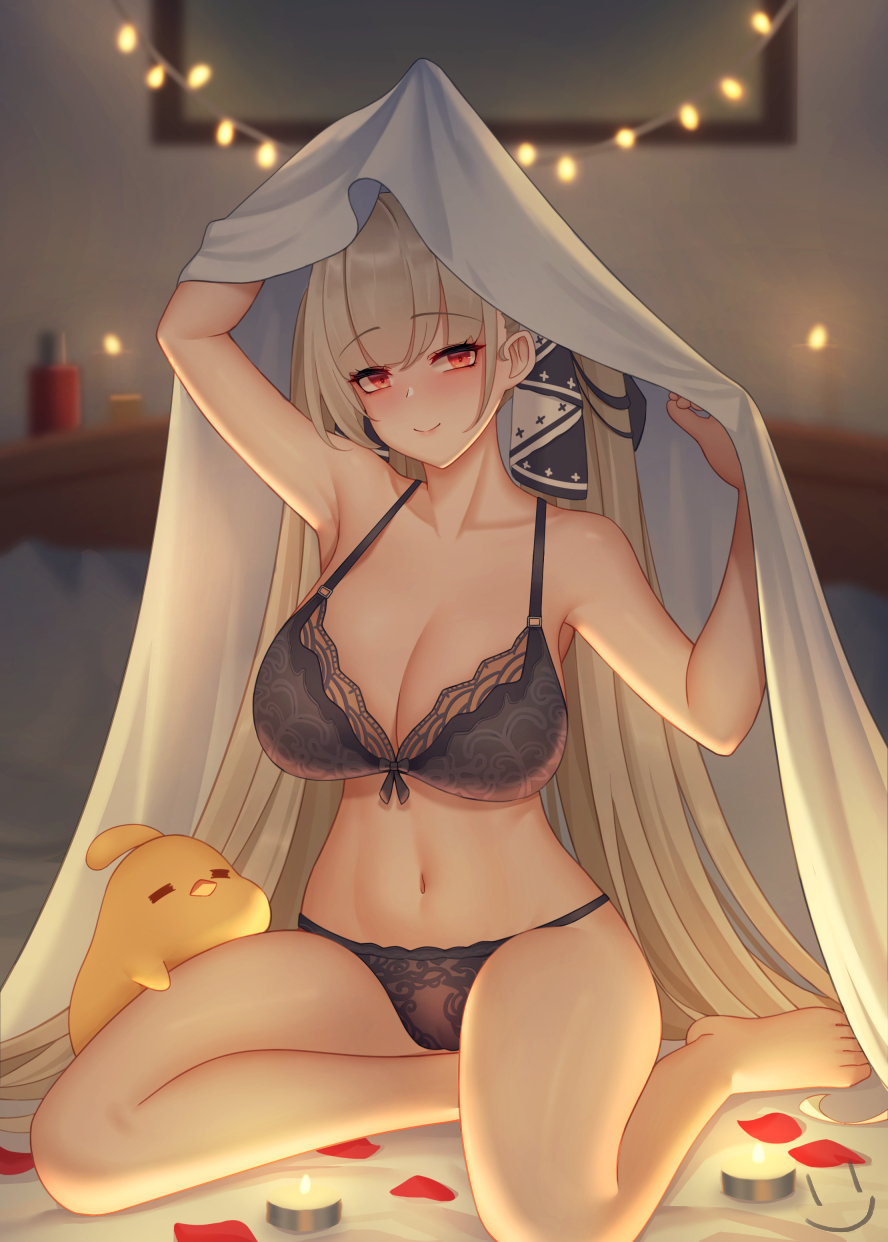 1girls, arm up, azur lane, bangs, bed sheet, black bra, black panties, blonde female, blonde hair, blush, bra, breasts, cleavage, collarbone, female, formidable (azur lane), hair ornament, hair ribbon, highres, huge breasts, indoors, large breasts, lingerie, long hair, looking at viewer, manjuu (azur lane), navel, panties, petals, platinum blonde hair, red eyes, ribbon, smile, thighs, twintails, underwear, very long hair, wei xiao, wholesome