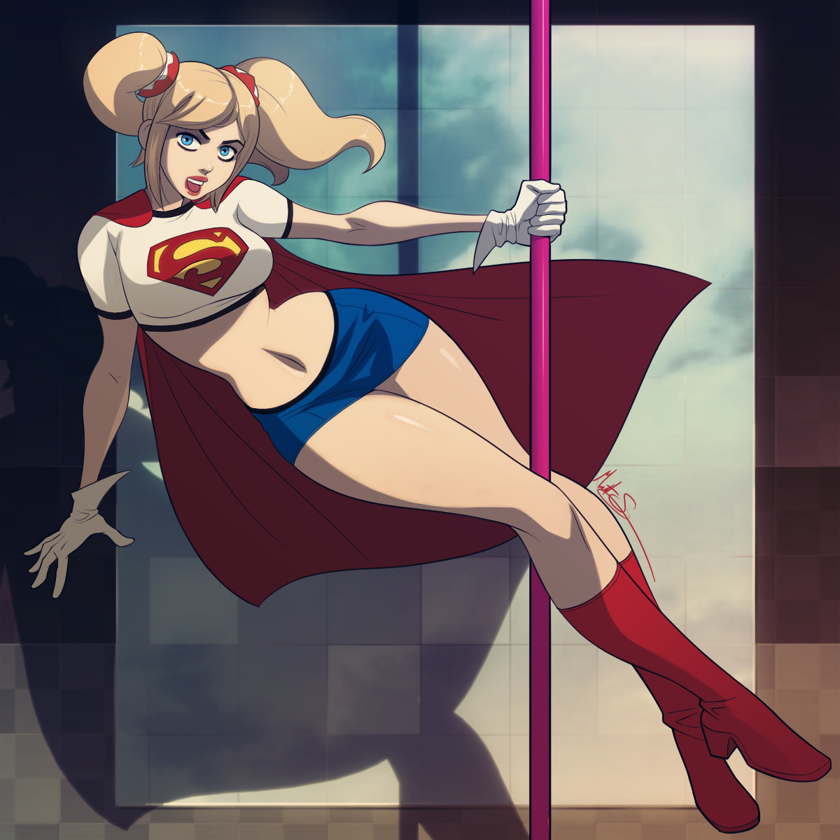 1girls, blonde hair, blue eyes, boots, breasts, cape, cosplay, crossover, dc, dc comics, female, female only, fully clothed, gloves, hourglass figure, juliet starling, large breasts, lollipop chainsaw, miniskirt, msperoni, pole dancing, solo, stripper pole, supergirl (cosplay), superman (series), thick thighs, triplexmile, twintails, wide hips