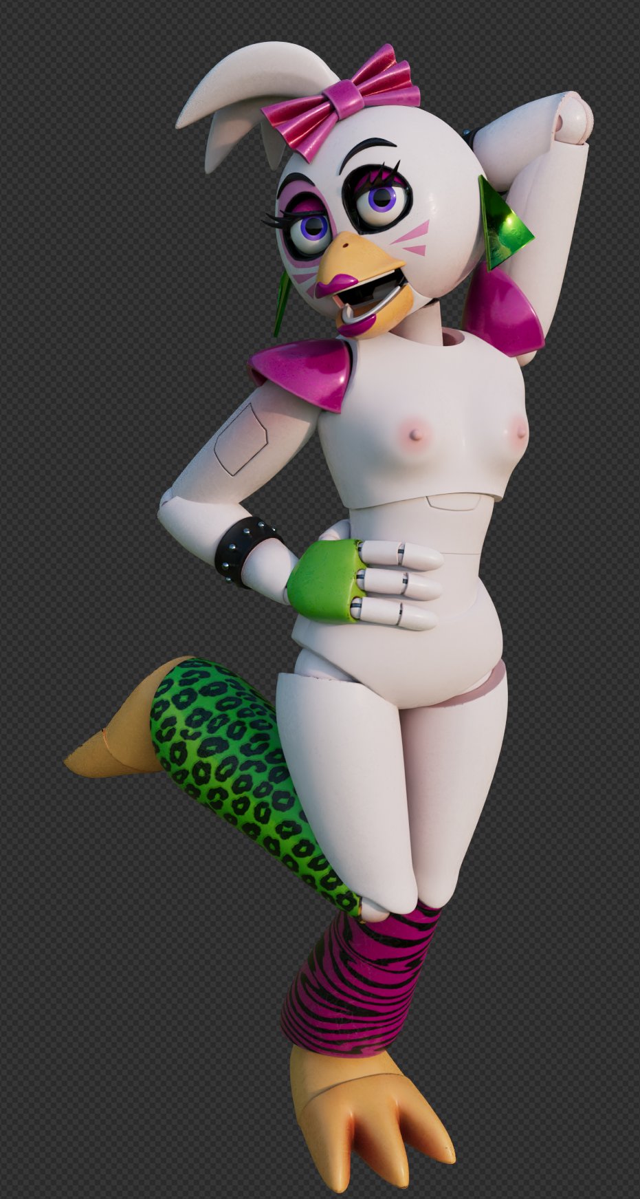 1girls, 3d, 3d model, animatronic, anthro, ashleyorange, avian, avian humanoid, boobs, breasts, female, female only, five nights at freddy's, five nights at freddy's: security breach, fnaf, glamrock chica (ashleyorange), glamrock chica (fnaf), hand on hip, medium breasts, naked, nipples, nude, nude female, pink nipples, purple eyes, robot, robot girl, scottgames, solo, solo female, steel wool studios, tits, white body