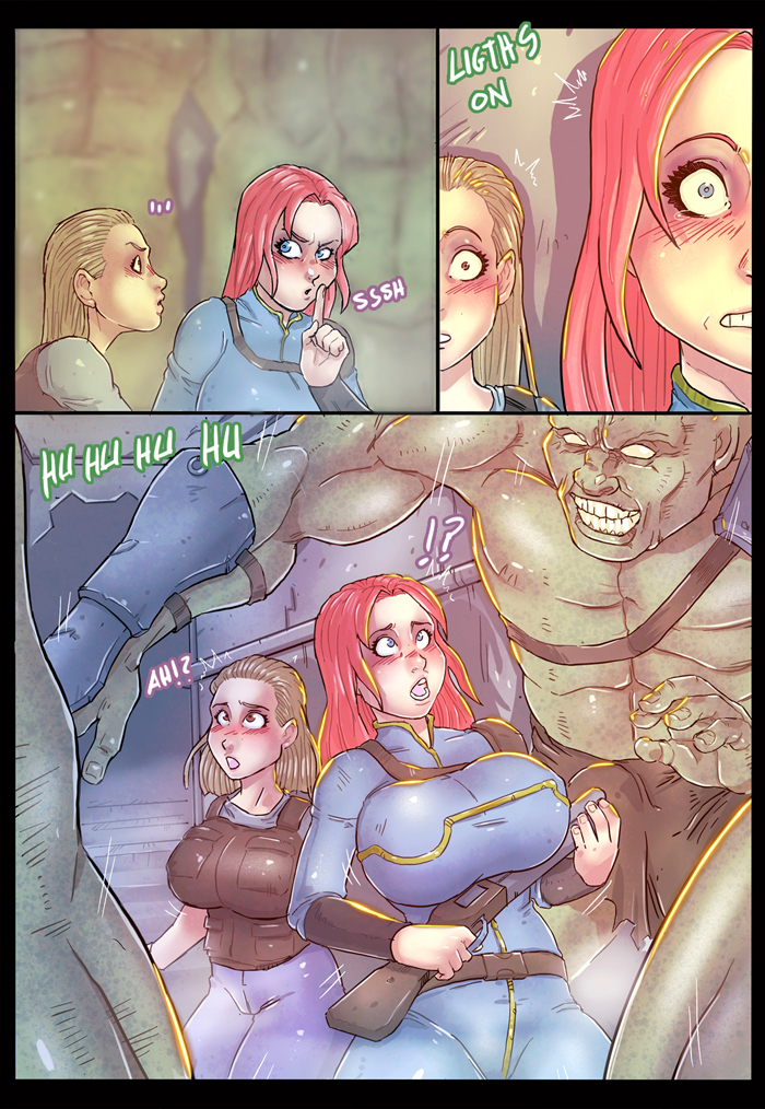 2girls bethesda_softworks breasts clothing comic constricted_pupils english_text fallout fallout_(series) female female_human firearm huge_breasts human imminent_rape larger_male multiple_boys nikraria size_difference smaller_female super_mutant text vault_suit weapon