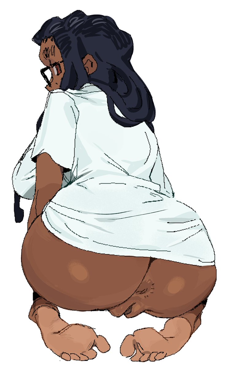 1girls, 5 toes, anus, ass, big ass, black hair, bottomless, brown body, brown skin, dark body, dark skin, dark-skinned female, feet, female, female only, from behind, gigi (whoopsatro), glasses, human, human only, humanoid genitalia, kneeling, labia, long hair, looking at viewer, looking back, necktie, no panties, presenting, pussy, shirt, shirt only, soles, solo, solo female, thick eyebrows, toes, vagina, white background, white shirt, whoopsatro
