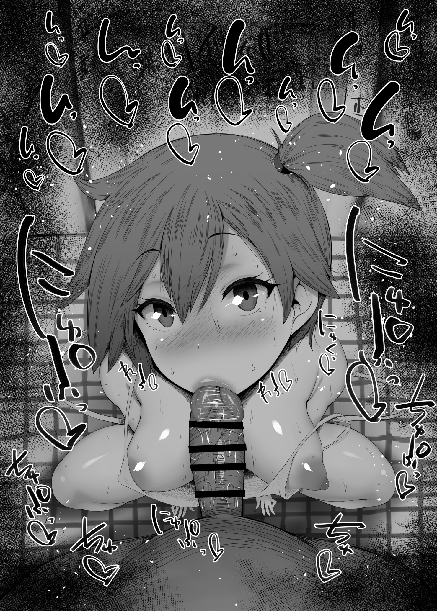 :>=, 1boy, areolae, asymmetrical hair, bare thighs, black and white, blowjob, blush, breast slip, breasts, breasts out of clothes, censor bar, censored, cleavage, detailed background, erection, eyes wide open, fellatio, female, functionally nude, greyscale, gym leader, head tilt, heart, indoors, japanese language, japanese text, kasumi (pokemon), kurotama, large penis, light skin, light-skinned female, lips, looking at another, looking at viewer, looking up, male, male pov, medium breasts, medium hair, misty (pokemon), monochrome, motion lines, nintendo, nipples, nude, one breast out of clothes, oral, oral sex, penis, penis licking, pointless censoring, pokemon, pokemon rgby, ponytail, pov, pov crotch, precum, public use, saliva, saliva on penis, shiny, shiny skin, side ponytail, sketch, solo focus, sound effects, spread legs, squatting, strap slip, sucking, sweat, teenager, text, thighs, tied hair, tile floor, tiles, toilet, tongue, tongue out, tonguejob, urinal, veins, veiny penis, vest, viewed from above, wall
