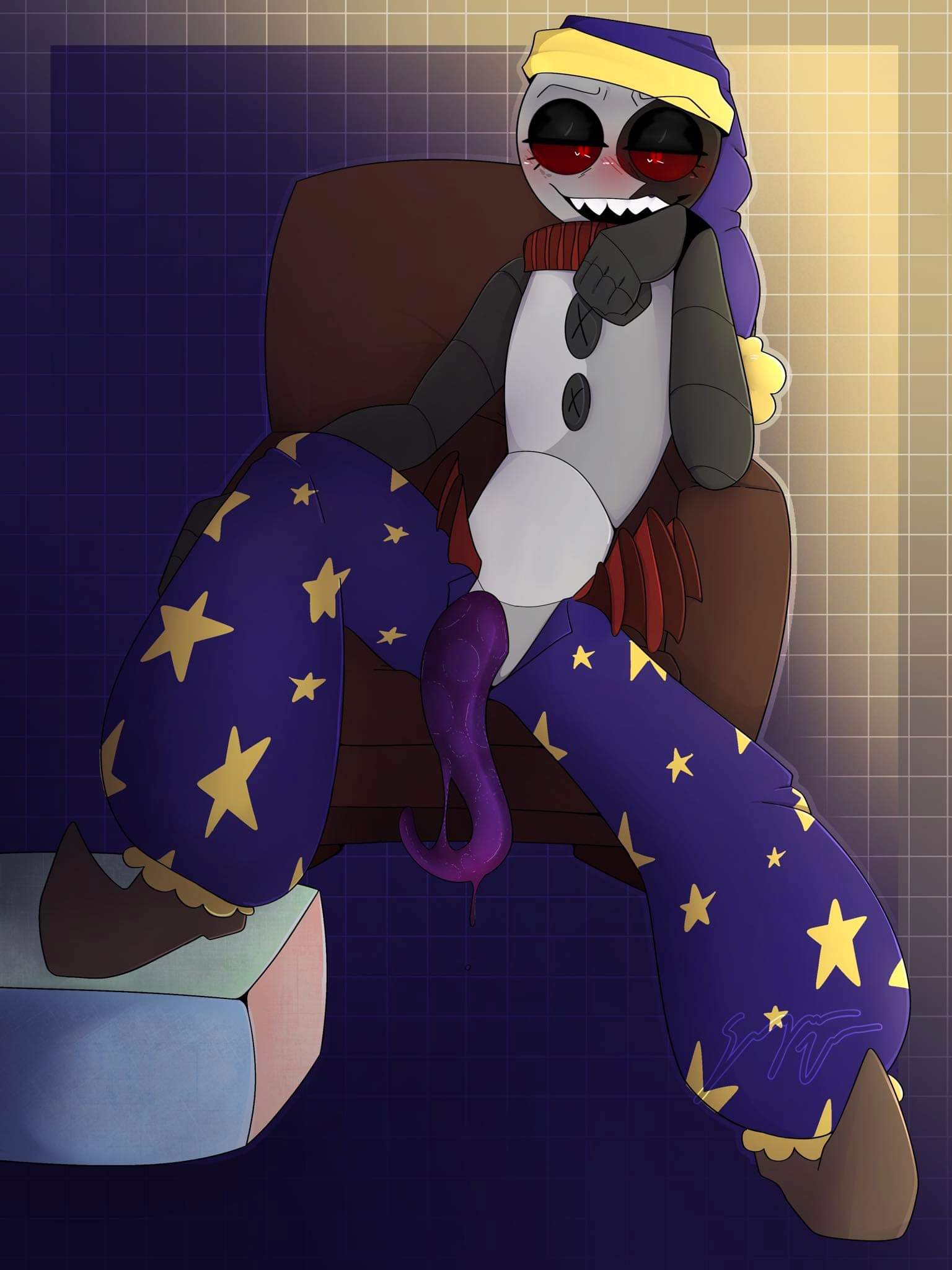 animatronic, blush, five nights at freddy's, five nights at freddy's: security breach, looking at viewer, male, male only, moon, moondrop, penis, robot, sitting, slime, slimy, smiling, smirk, smirking, solo, sugarvee, tentacle, tentacle penis