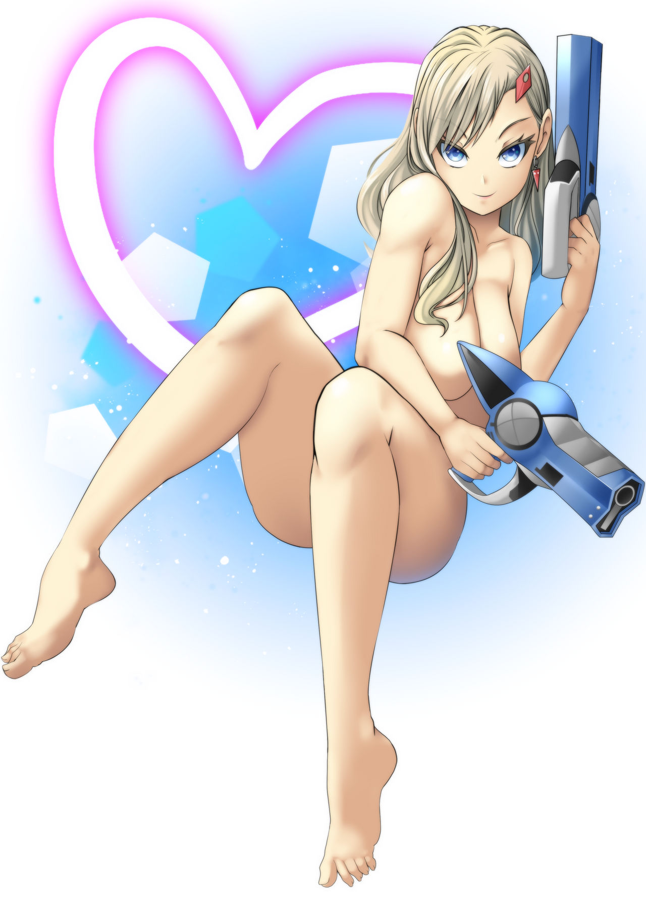 blue_eyes dual_wielding edens_zero full_body happy_(edens_zero) long_hair looking_at_viewer naked nude nude_female platinum_blonde_hair rebecca_bluegarden xxangeluciferxx