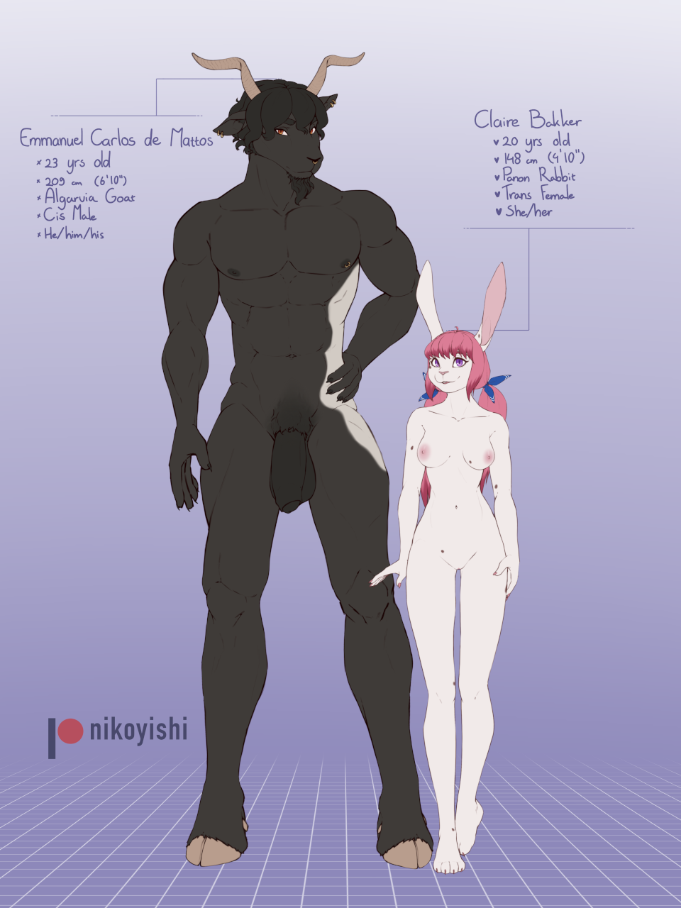 1boy 1girls 2022 3:4 algarvia_goat anthro bovid breasts caprine claire_(nikoyishi) conditional_dnp duo emmanuel_(nikoyishi) feet female foreskin genitals goat hi_res hooves lagomorph large_male leporid male mammal model_sheet muscular muscular_anthro muscular_male nikoyishi nipple_piercing nipple_ring nipples panon_rabbit penis piercing pussy rabbit size_difference small_waist smaller_female