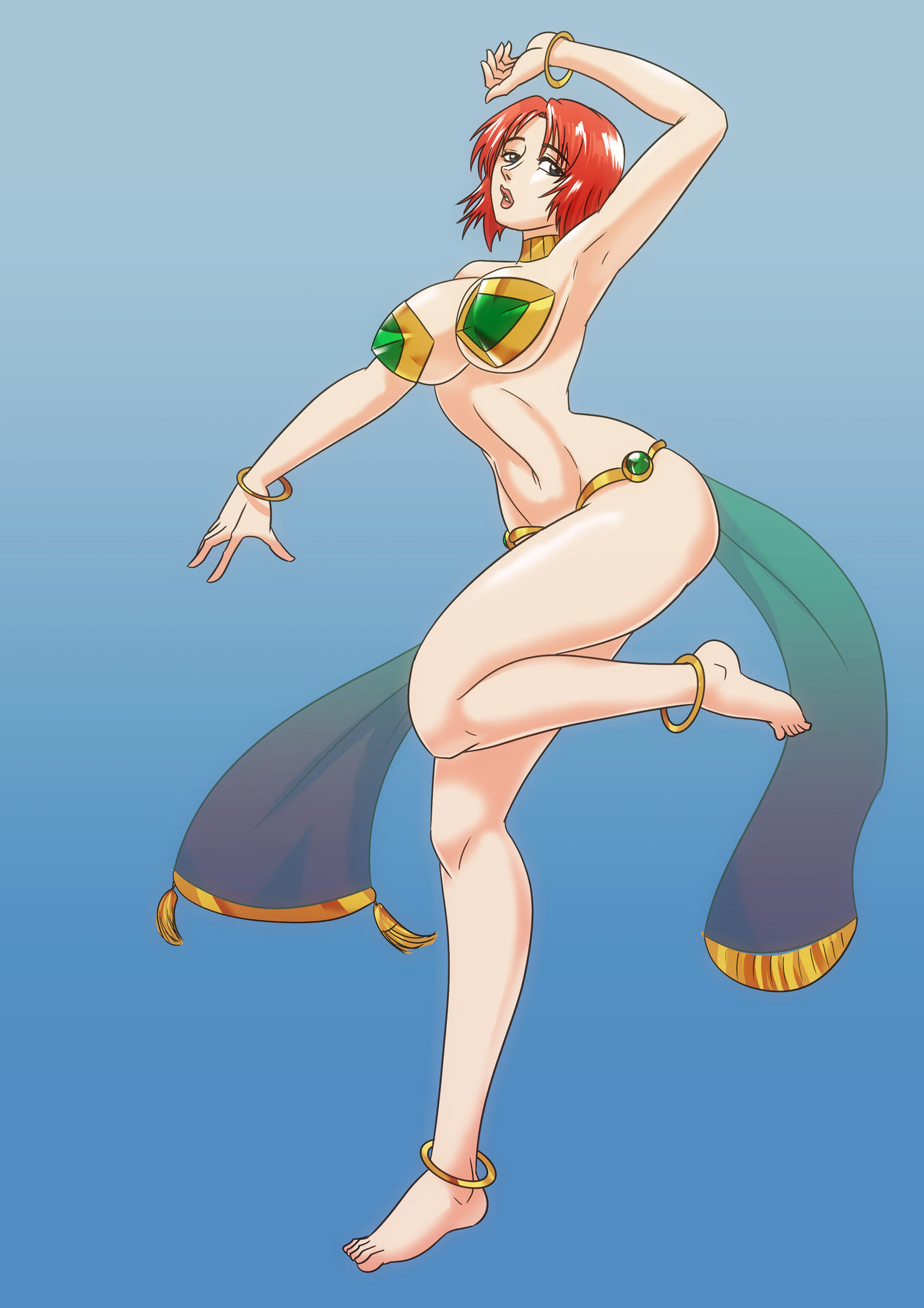 1girls barefoot belly_dancer belly_dancer_outfit blue_eyes capcom dancer dancer_outfit dancing dino_crisis fit_female harem_girl harem_outfit hourglass_figure huge_breasts loincloth red_hair regina_(dino_crisis) short_hair slave slave_collar slave_outfit slavegirl tomboy wadevezecha