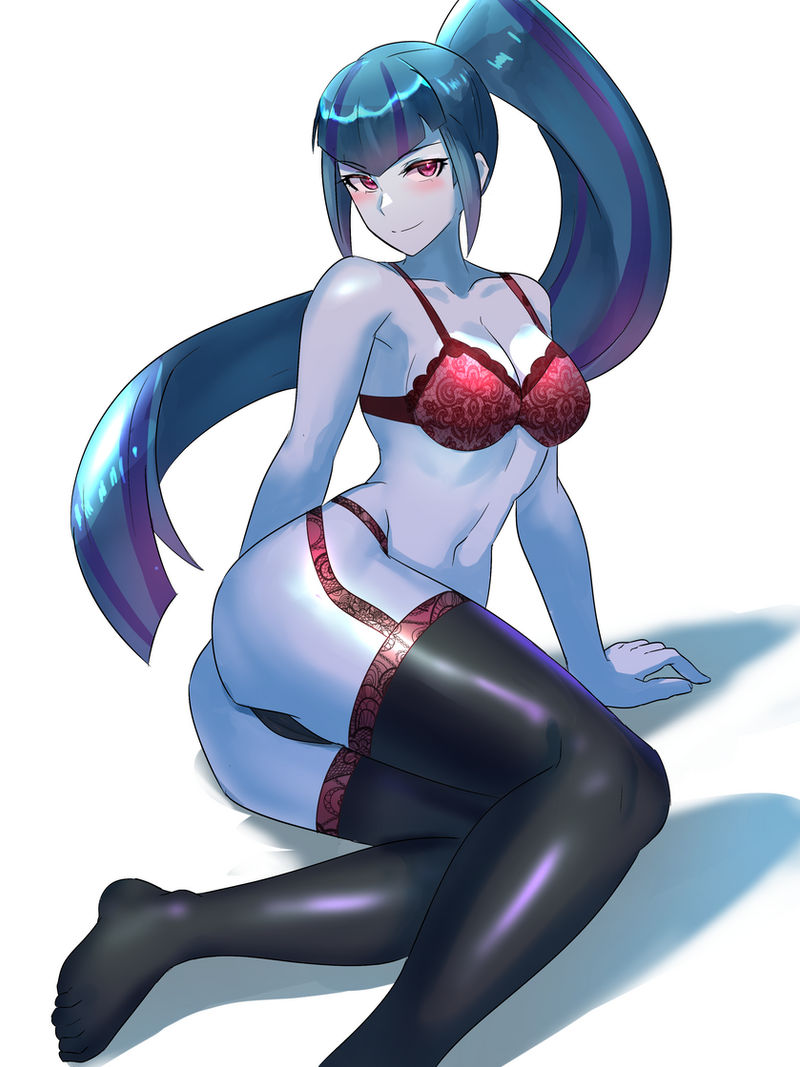 1girls, ass, blue hair, blue skin, blush, breasts, cleavage, equestria girls, female, female only, friendship is magic, iojknmiojknm, large breasts, legs, lingerie, long hair, looking at viewer, multicolored hair, my little pony, ponytail, purple eyes, purple hair, sonata dusk, stockings, thighs