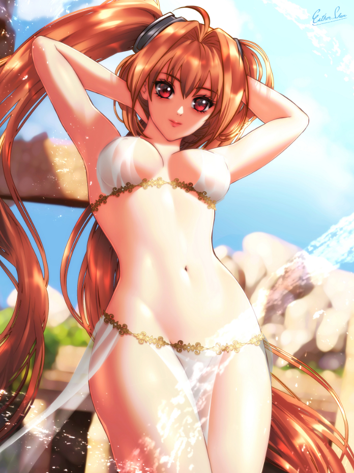 1girls armpits arms_behind_head auburn_hair belly_dancer belly_dancer_outfit big_breasts busty dancer dancer_outfit estelle_bright esther-shen harem_girl harem_outfit hourglass_figure large_breasts legend_of_heroes loincloth long_hair red_eyes see-through_bra see-through_clothing see-through_loincloth sensual sexy_armpits twintails