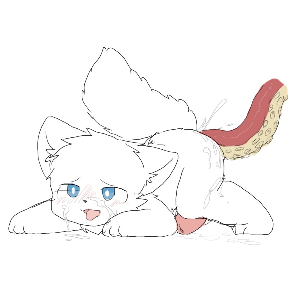 blue eyes, blush, bodily fluids, changed (video game), cum, fur, furry, gay, lin (changed), male, octopus, penis, sanu (サヌ), sex, squid, tail, tentacle, tentacle sex, white fur