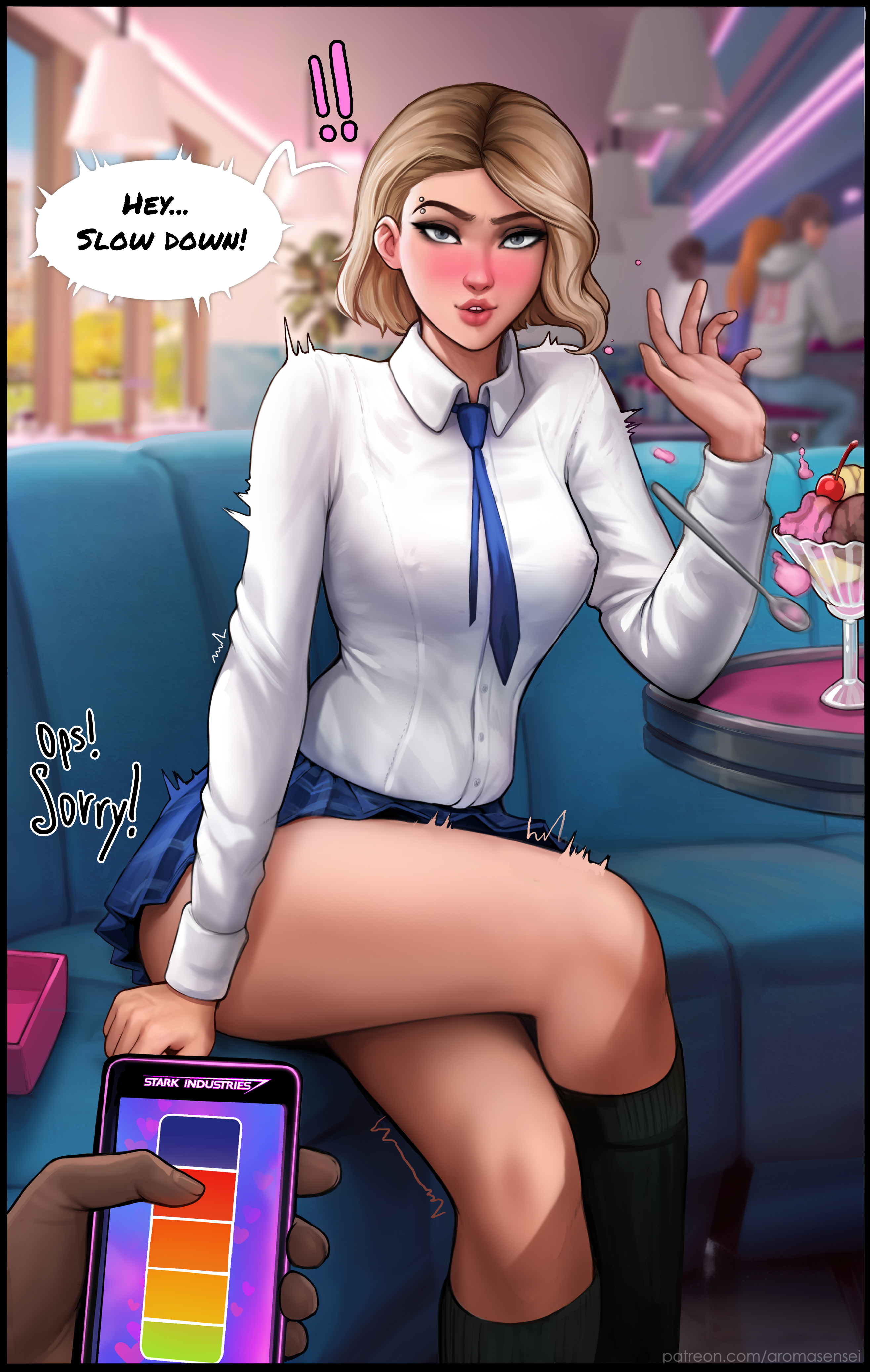 1boy, 1girls, absurd res, aroma sensei, blonde hair, blue eyes, english text, eyebrow piercing, faceless male, female, gwen stacy, gwen stacy (spider-verse), highres, male, marvel, marvel comics, miles morales, skirt, spider-man (series)