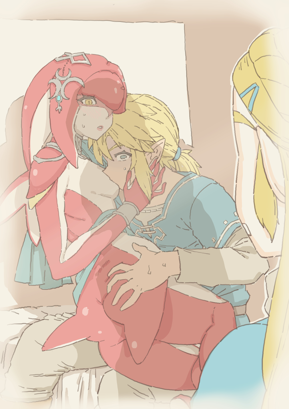 1boy 2girls anthro ass_grab blonde_hair breast_sucking breath_of_the_wild caught caught_in_the_act female hylian interspecies kireina_mochi kissing link link_(breath_of_the_wild) male marine mipha multiple_girls pale_skin pointy_ears princess_zelda red_body sitting sitting_on_lap small_breasts the_legend_of_zelda two_tone_body walk-in white_body zelda_(breath_of_the_wild) zora