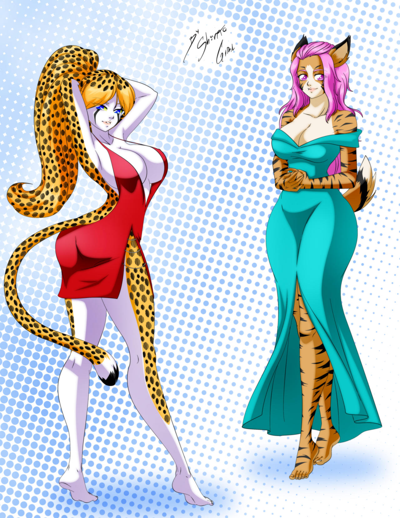 2girls animal_ears animal_tail barefoot blue_eyes brittany_diggers cheetah cheetah_ears cheetah_girl cheetah_tail cleavage gold_digger huge_breasts long_hair original_character pink_eyes pink_hair pose revealing_clothes revealing_dress shinta-girl tiger_print