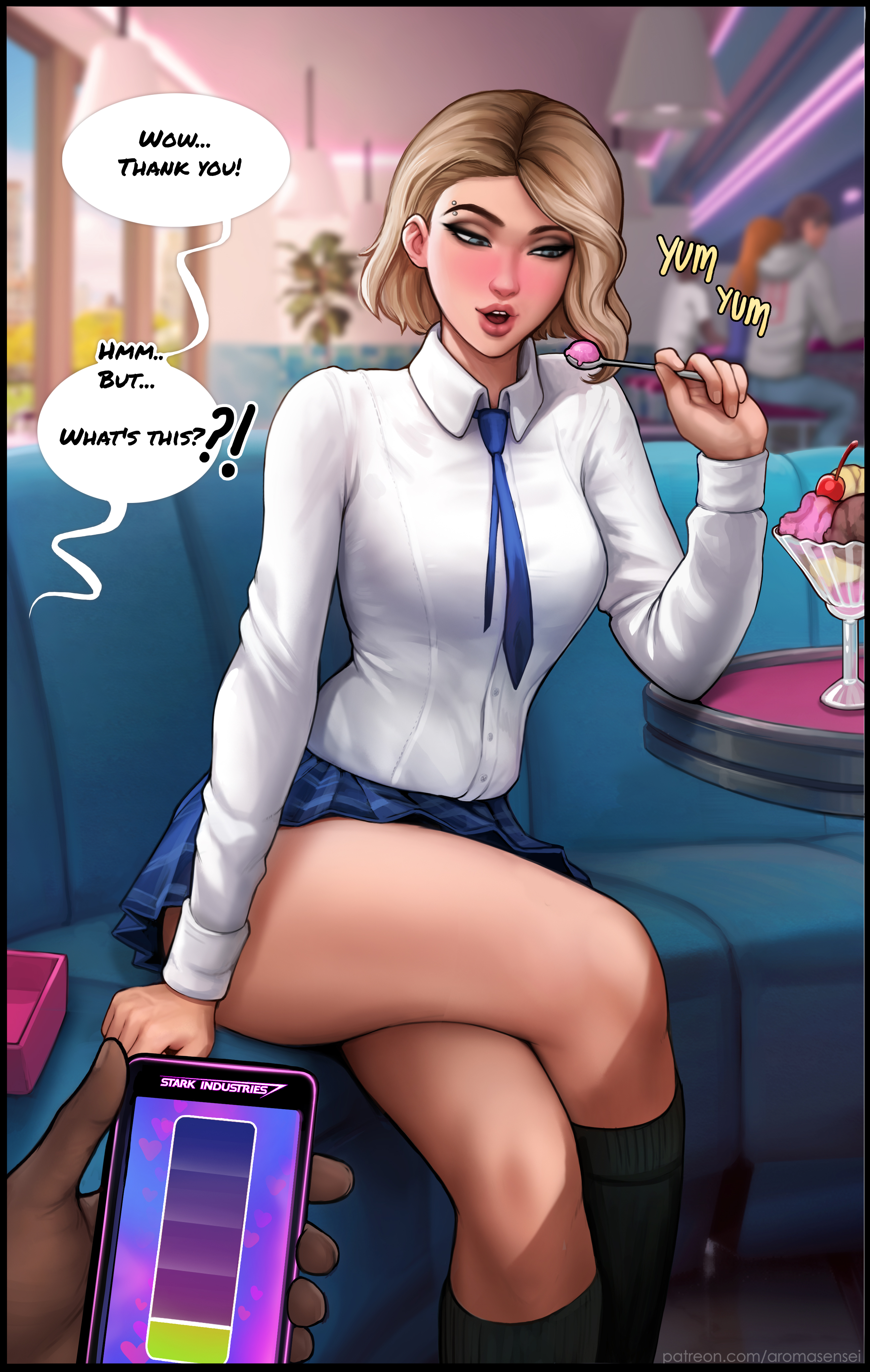 1boy, 1girls, absurd res, aroma sensei, blonde hair, blue eyes, english text, eyebrow piercing, faceless male, female, gwen stacy, gwen stacy (spider-verse), highres, male, marvel, marvel comics, miles morales, skirt, spider-man (series), vibrator