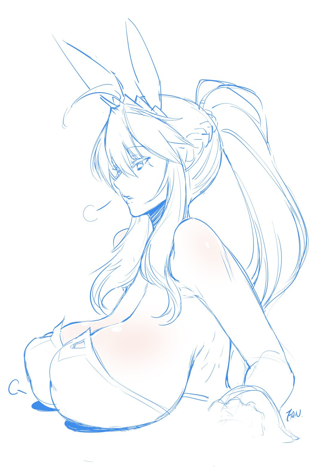 animal ears, artoria pendragon, artoria pendragon (fate), artoria pendragon (swimsuit ruler), bangs, bare shoulders, braid, breast rest, breasts, bunny ears, bunnysuit, cleavage, fan (f.w.zholic), fate (series), fate/grand order, female, french braid, from side, hair between eyes, high ponytail, highres, huge breasts, leotard, long hair, monochrome, parted lips, playboy bunny, ponytail, rabbit ears, sagging breasts, sideboob, sidelocks, strapless, strapless leotard, wrist cuffs