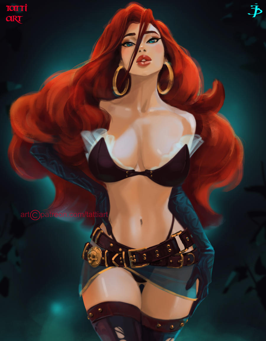 1girls, belts, bikini, blue eyes, blush, breasts, cleavage, earrings, elbow gloves, fair skin, fair-skinned female, female, female focus, female only, hand on hip, hand on thigh, hoop earrings, hoop earrings oversized, hourglass figure, huge breasts, league of legends, light skin, light-skinned female, lipstick, long gloves, long hair, looking at viewer, makeup, miss fortune, pirate, red hair, red lipstick, sarong, solo, solo female, stockings, tattiart, thick lips, thighhighs, thong, thong bikini, thong straps, very long hair