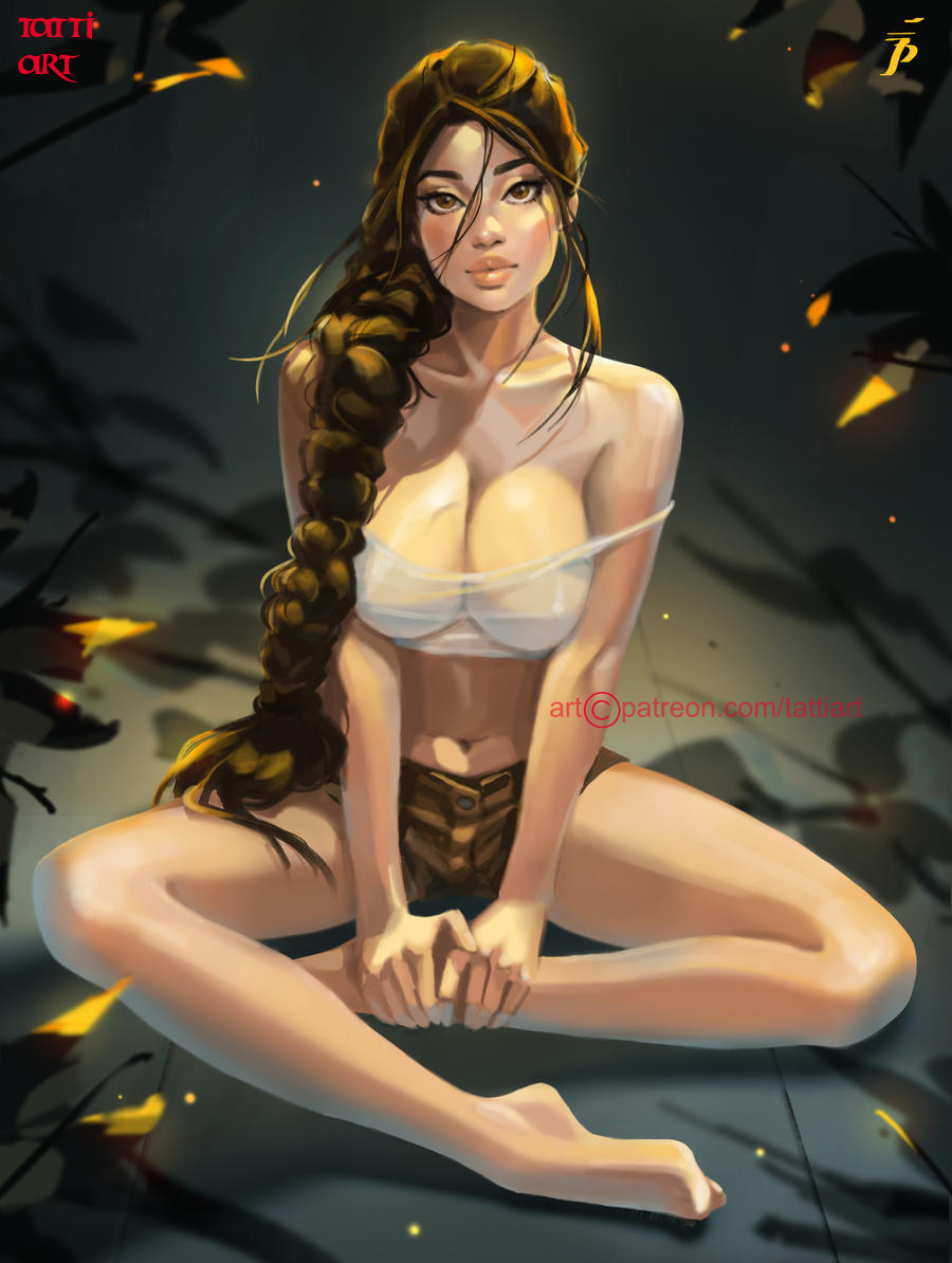 1girls, barefoot, braid, braided hair, breasts, brown eyes, brown hair, cleavage, fair skin, fair-skinned female, female, female only, huge breasts, lara croft, lara croft (classic), light skin, light-skinned female, long hair, looking at viewer, short shorts, shorts, single braid, sitting, solo, tank top, tattiart, thick thighs, tomb raider, tomb raider (classic), very long hair, voluptuous, wet shirt