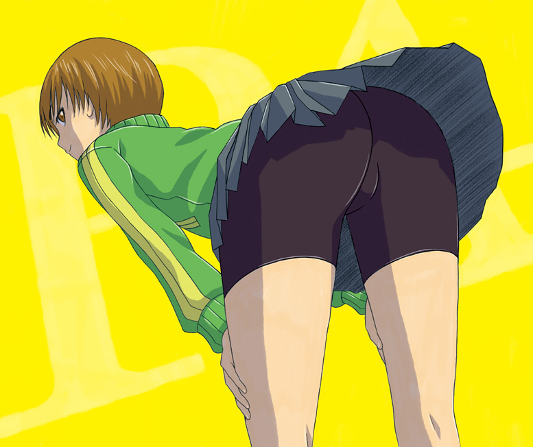 ass, atlus, bending forward, bending over, clothed, clothing, female, female focus, female only, persona, persona 4, ranmaru, satonaka chie, solo, tagme, tomboy
