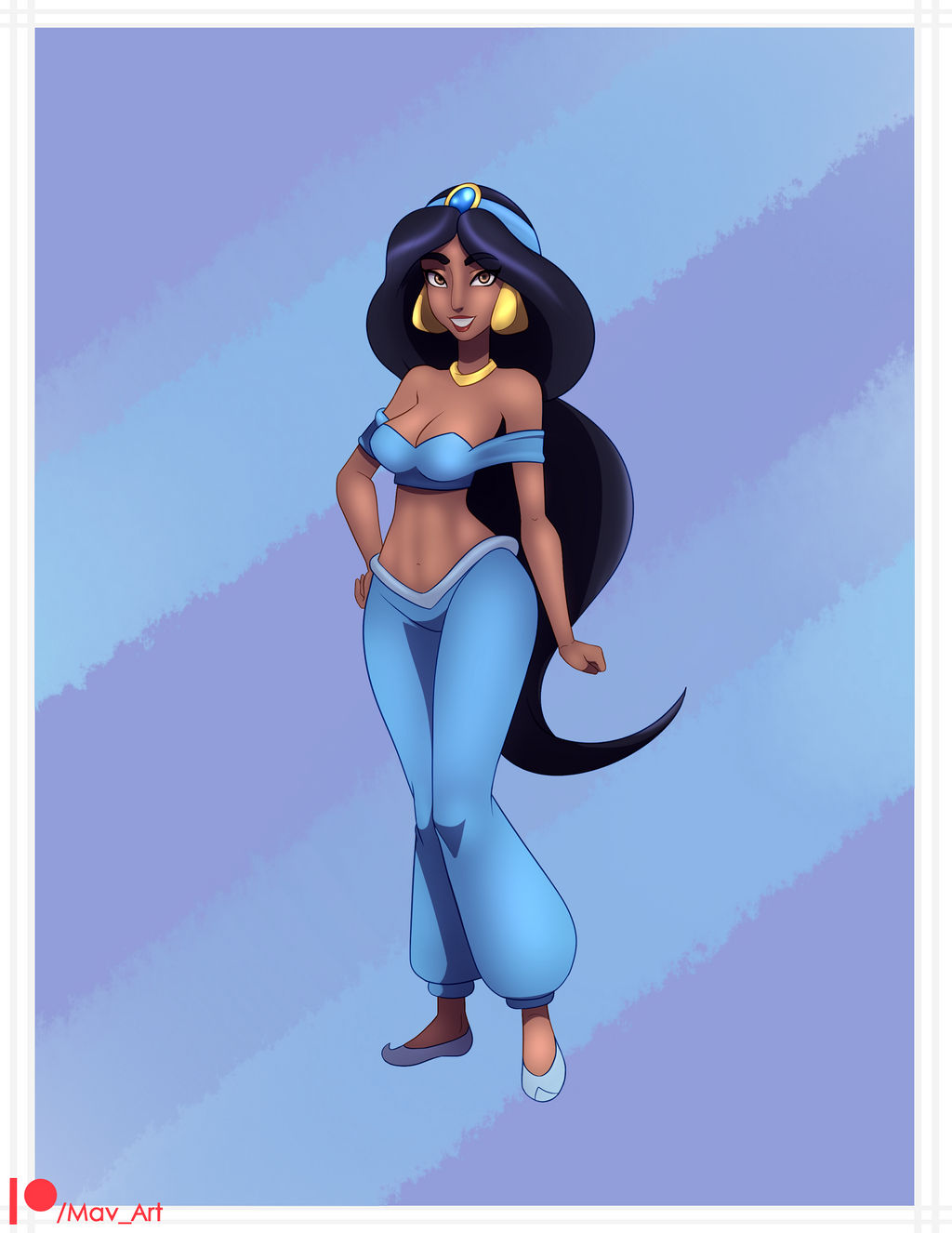 1girls abs aladdin arabian belly_dancer belly_dancer_outfit black_hair brown_eyes cleavage dark-skinned_female disney disney_princess harem_outfit harem_pants large_breasts long_hair looking_at_viewer m-a-v-e-r-i-c-k midriff princess_jasmine royalty voluptuous