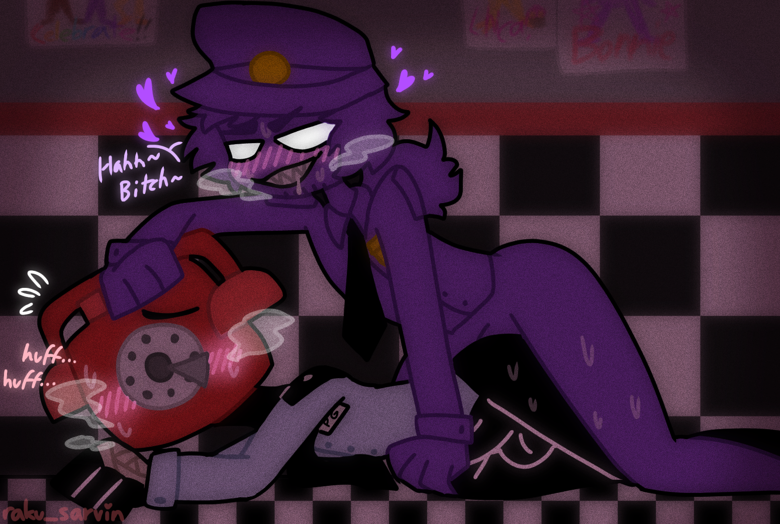 black body, blush, checkered floor, five nights at freddy's, gay, grabbing head, male, male only, male/male, nonconsensual, object head, on floor, phone guy (fnaf), purple guy (fnaf), purple skin, purplephone, raku sarvin, ralph (fnaf), rape, sweat, uniform, vincent (fnaf), william afton