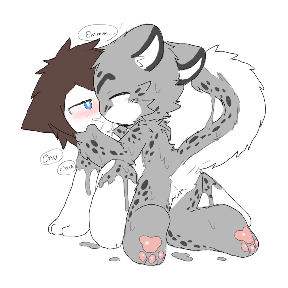 anthro blue_eyes blush blushing brown_hair changed_(video_game) changed_fan_artist chano closed_eyes drool drooling fur furry grey_fur heart holding_head kissing latex latex_transformation making_out snep snow_leopard spots transformation wolf