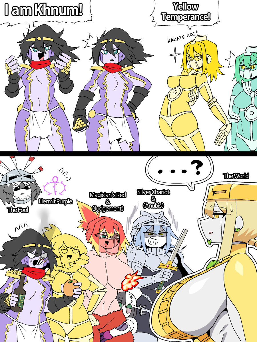 8girls, abs, anubis (jjba), armor, beer, black hair, blonde hair, boots, bracelet, bracelets, braid, broken sword, fire, gloves, green hair, helmet, hermit purple, hierophant green, imposter, impostor, jojo's bizarre adventure, judgement (jjba), khnum, large ass, large breasts, loincloth, lore inaccurate, magician's red, mannungei, orange (fruit), ponytail, possession, red hair, red scarf, shirtless, short hair, sideboob, silver chariot, silver hair, smoking, star platinum, stardust crusaders, the fool (jjba), thick thighs, thighhighs, topless, yellow hair, yellow highlights, yellow temperance