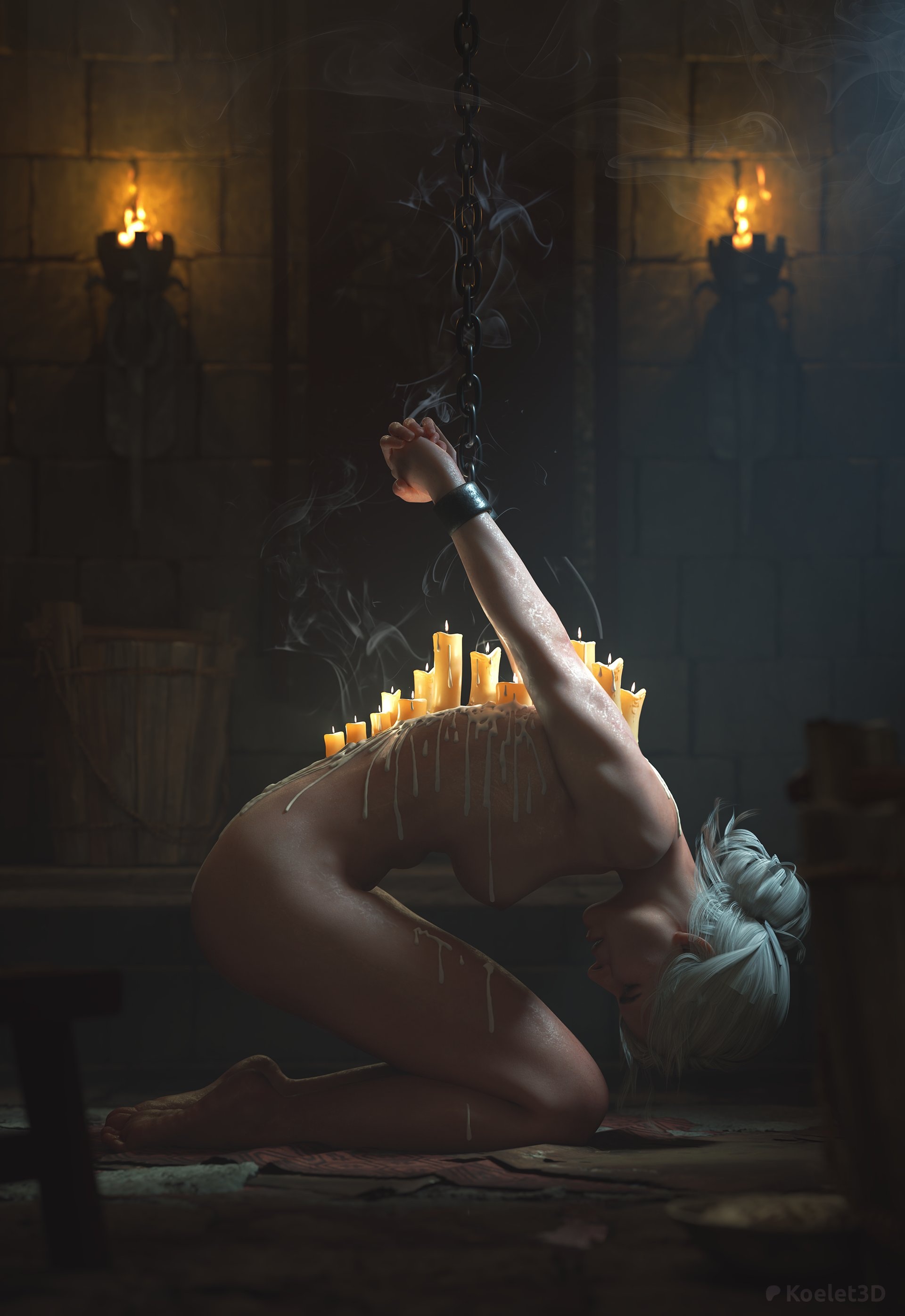1girls, 3d, ass, breasts, candle, candle wax, captured, captured female, captured heroine, cd projekt red, ciri, closed eyes, completely nude, feet, female, koelet3d, light skin, light-skinned female, mascara, nipples, nude, restrained arms, scar, solo, solo female, the witcher (series), the witcher 3: wild hunt, torture, white hair