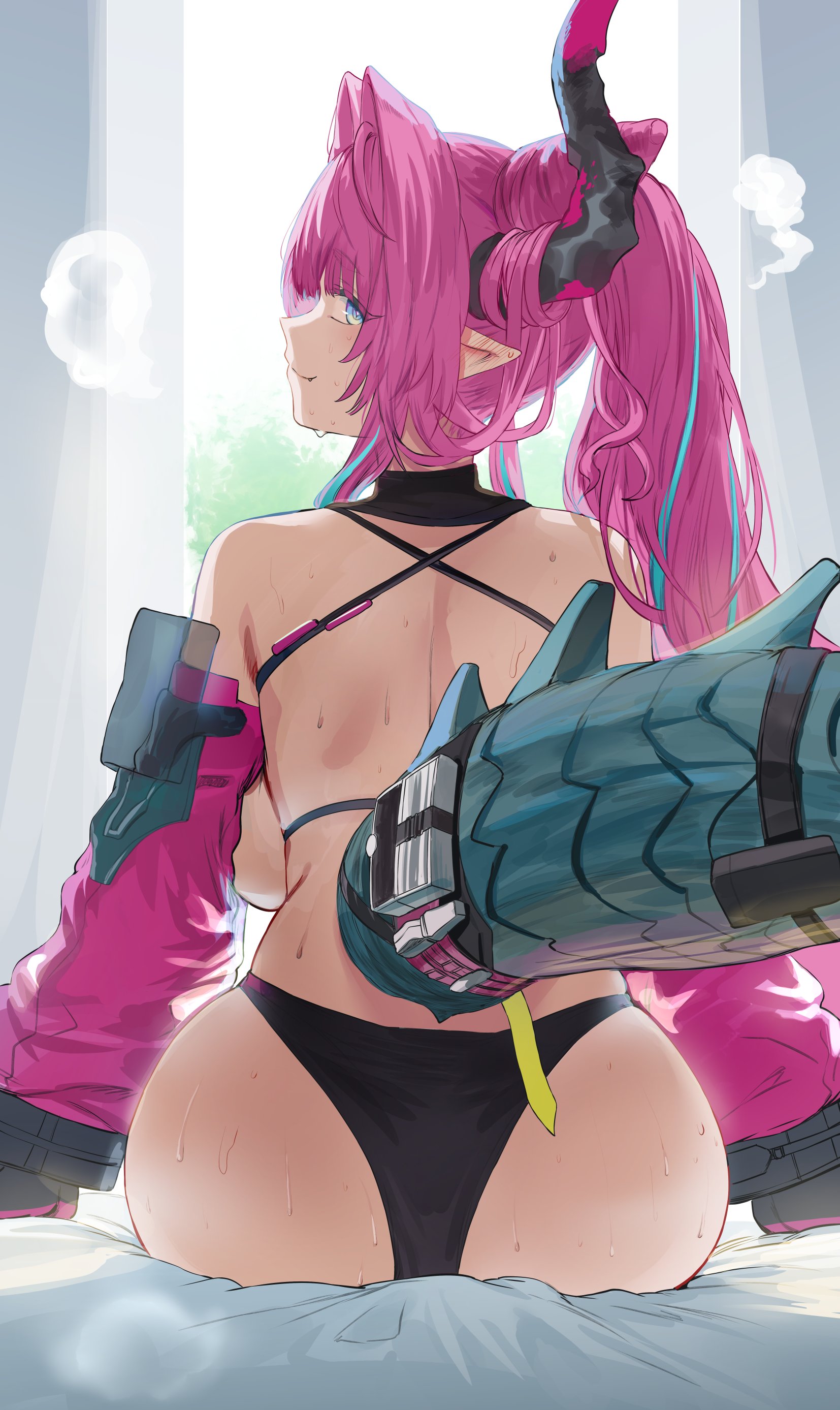 1girls, arknights, arknights: endfield, ass, back view, backboob, black panties, blue eyes, breasts, closed eyes, dragon girl, female, female only, from behind, hews hack, hi res, highres, horns, light skin, light-skinned female, long ears, long hair, looking at viewer, looking back, panties, pink hair, sitting, solo, solo female, sweat, sweatdrop, sweating, tail, underwear, yvonne (arknights: endfield)