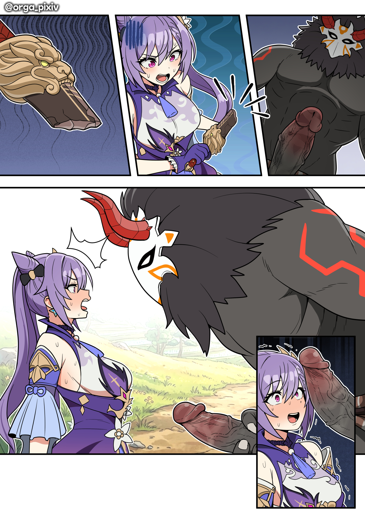 !?, 1boy, 1girls, anthro, bare shoulders, blush, breasts, china dress, chinese clothes, dark skin, dark-skinned male, dr.orga (everyday2), dress, duo, earrings, erection, everyday2, female, flaccid, flower, foreskin, genshin impact, gloves, goat horns, hair ornament, hetero, hilichurls (species), hoyoverse, huge penis, imminent penetration, interspecies, jewelry, keqing (genshin impact), large penis, light skin, light-skinned female, looking at penis, male, medium breasts, mihoyo, mitachurl, monster, open mouth, penis, penis awe, penis on face, purple choker, purple dress, purple eyes, purple flower, purple gloves, purple hair, purple headwear, rape, sweat, testicles, twintails, uncensored, veins, veiny penis, wide-eyed