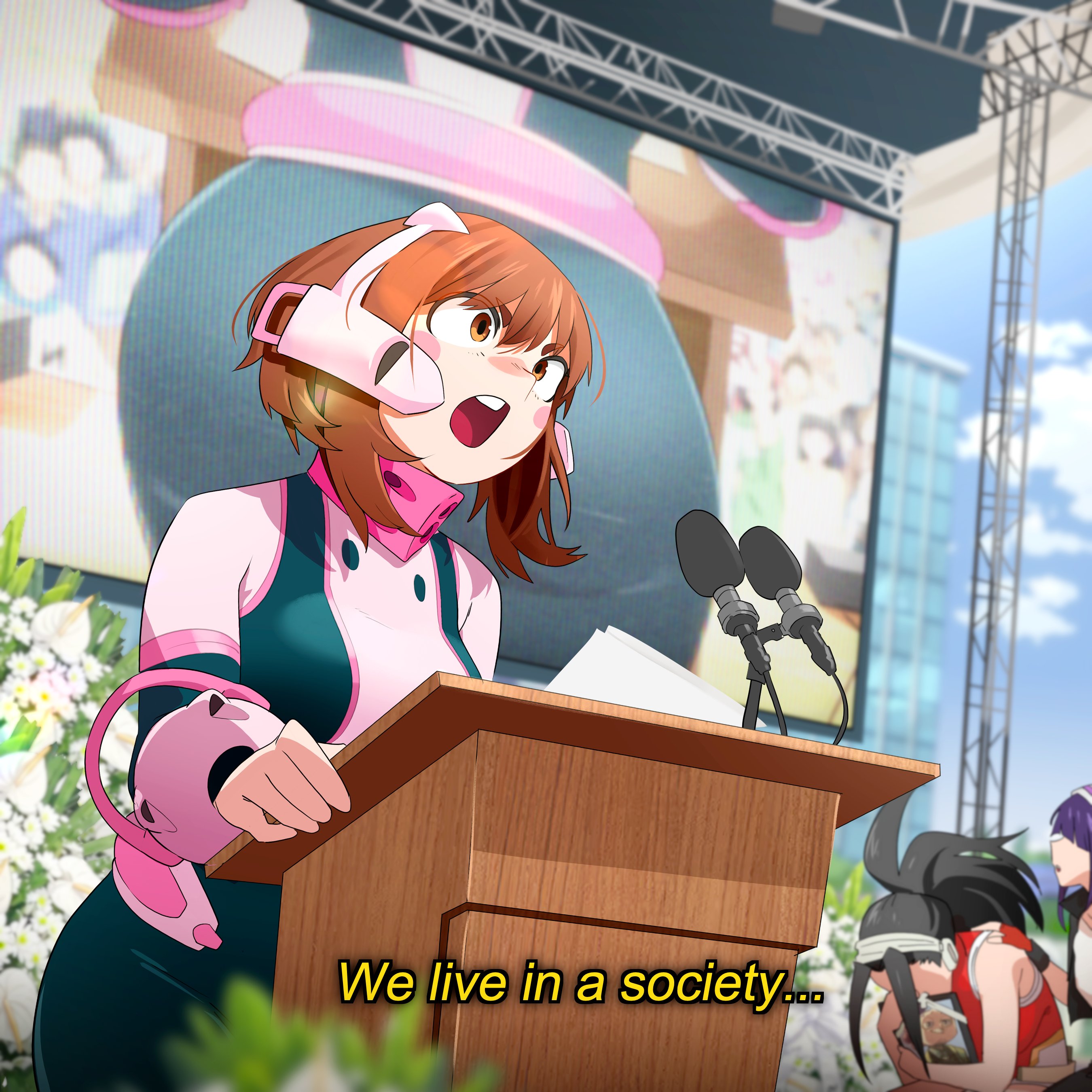 1girls, 2d, 2d (artwork), ass, big ass, boku no hero academia, breasts, brown hair, bubble butt, clothing, fat ass, female, female only, funeral, gluteal fold, hero outfit (mha), huge ass, huge breasts, human, human female, khyleri, kyoka jiro, large ass, leotard, light-skinned female, massive ass, minoru mineta, momo yaoyorozu, momo yaoyorozu (hero outfit), my hero academia, my hero academia (finale), ochako uraraka, ochako uraraka (hero outfit), post-timeskip, shounen jump, side view, solo, superheroine, thick ass, thick thighs, thunder thighs, uraraka ochako, wide hips