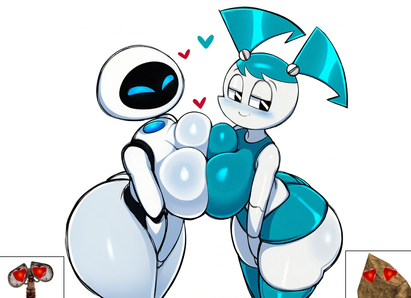 <3, ai generated, anthro, bedroom eyes, big breasts, big butt, blush, breast squish, breasts, breasts frottage, butt, clothed, clothing, curvy figure, duo, eve (wall-e), female, female/female, hellsonger, huge breasts, humanoid, jenny wakeman, looking at viewer, machine, mammal, my life as a teenage robot, narrowed eyes, robot, robot humanoid, seductive, simple background, smile, squish, thick thighs, voluptuous, wall-e, white background, wide hips