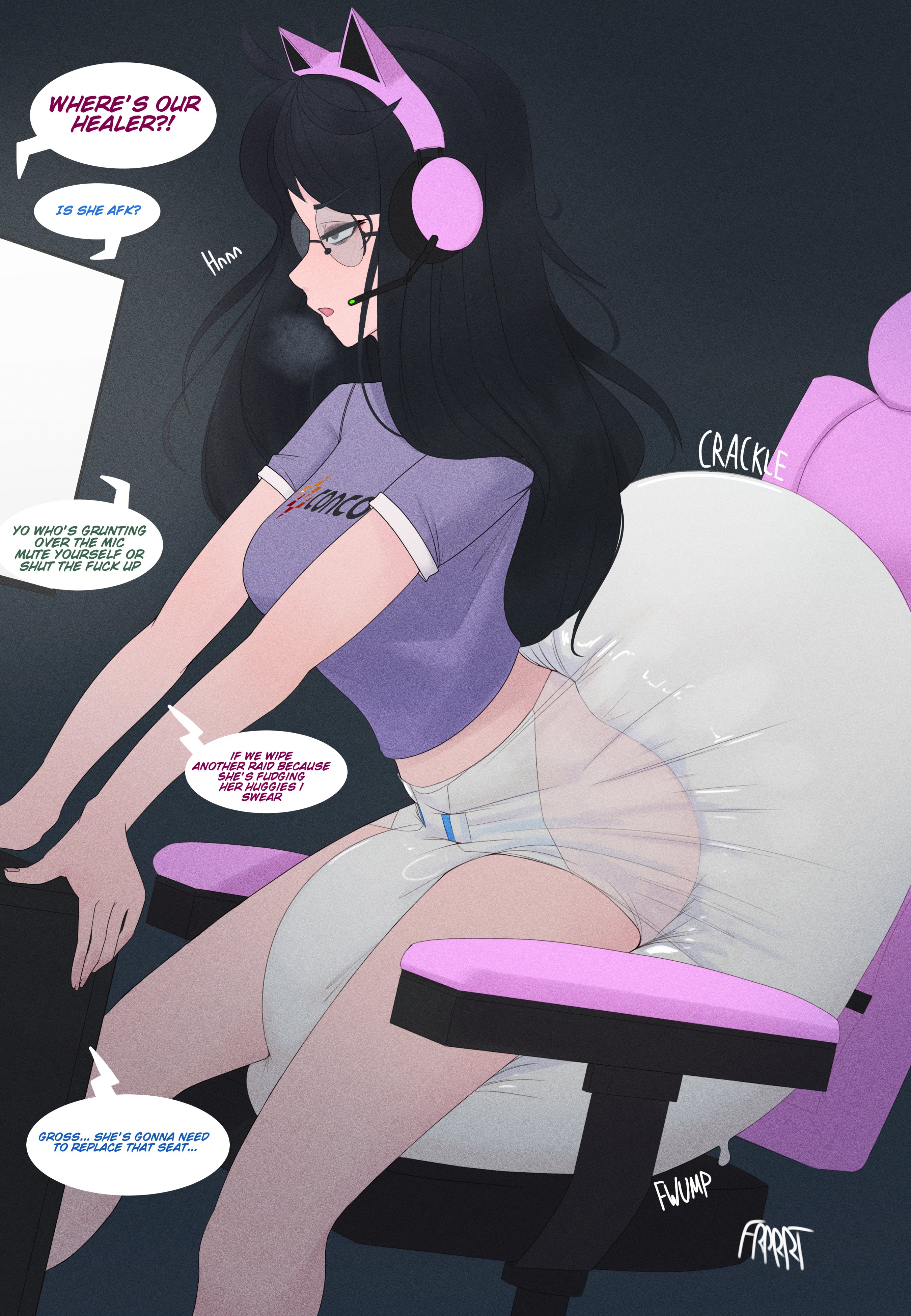 black hair, diaper, gamer chair, gamer girl, gaming, glasses, gray eyes, huge diaper, hyper messing, messy, messy diaper, milkriot, neet, neet girl, side view, sophie (milkriot)