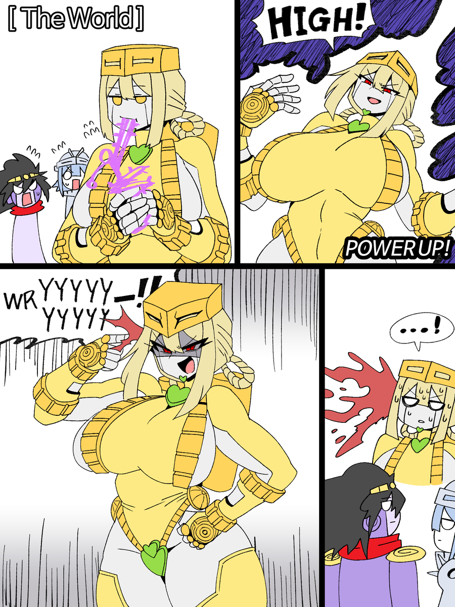 3girls, black hair, bleeding, blonde hair, blood, braids, eating, fingering herself, fingering self, gloves, heart, hermit purple, jojo's bizarre adventure, large ass, large breasts, mannungei, red eyes, red scarf, rule 63, sideboob, silver chariot, silver hair, star platinum, stardust crusaders, sweat, text, the world, thick thighs, thighhighs