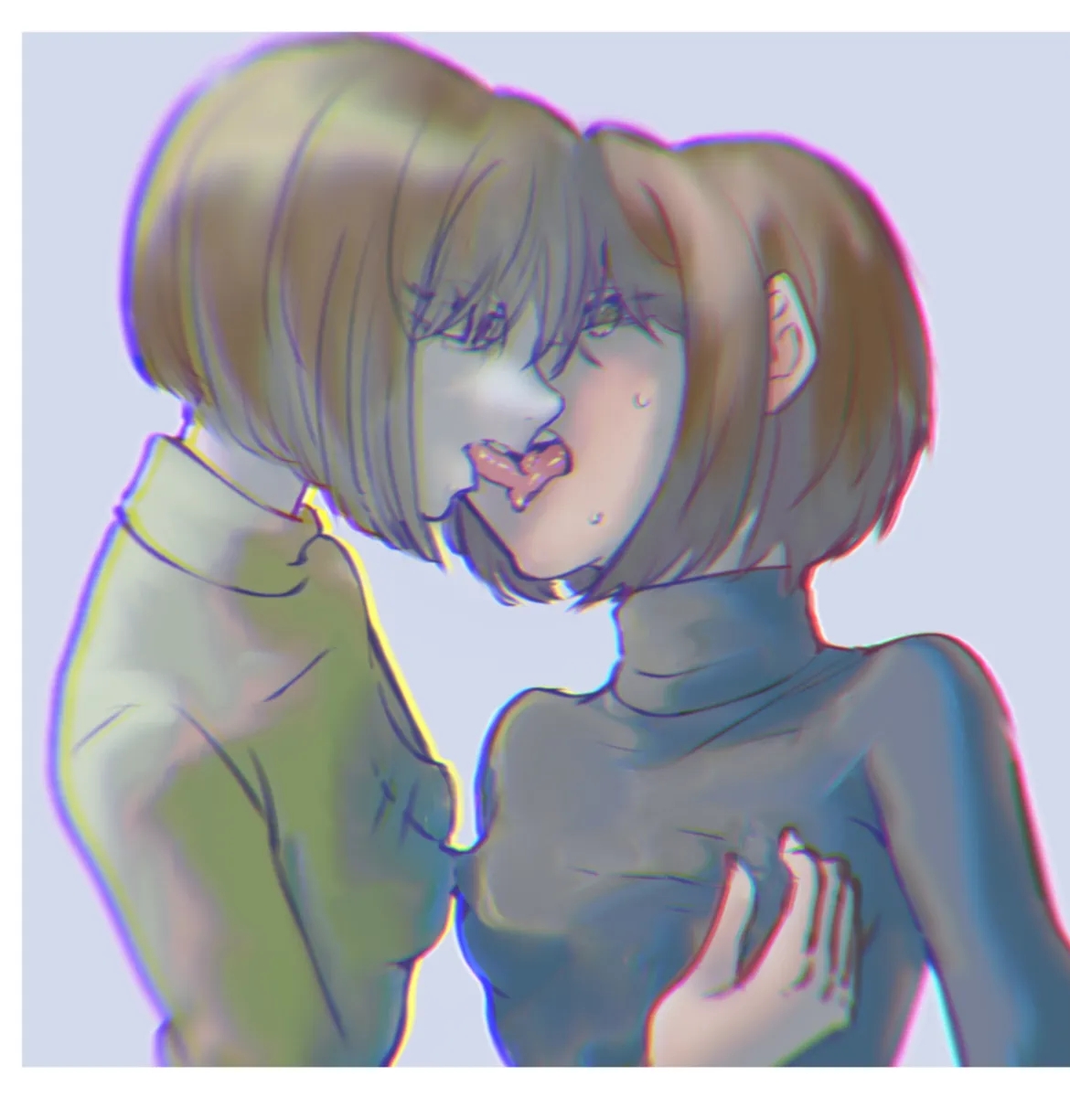 2female, 2girls, artist request, chara, charisk, female, female chara, female frisk, female only, frisk, groping, groping breasts, kissing, lesbian, undertale, undertale (series), yuri