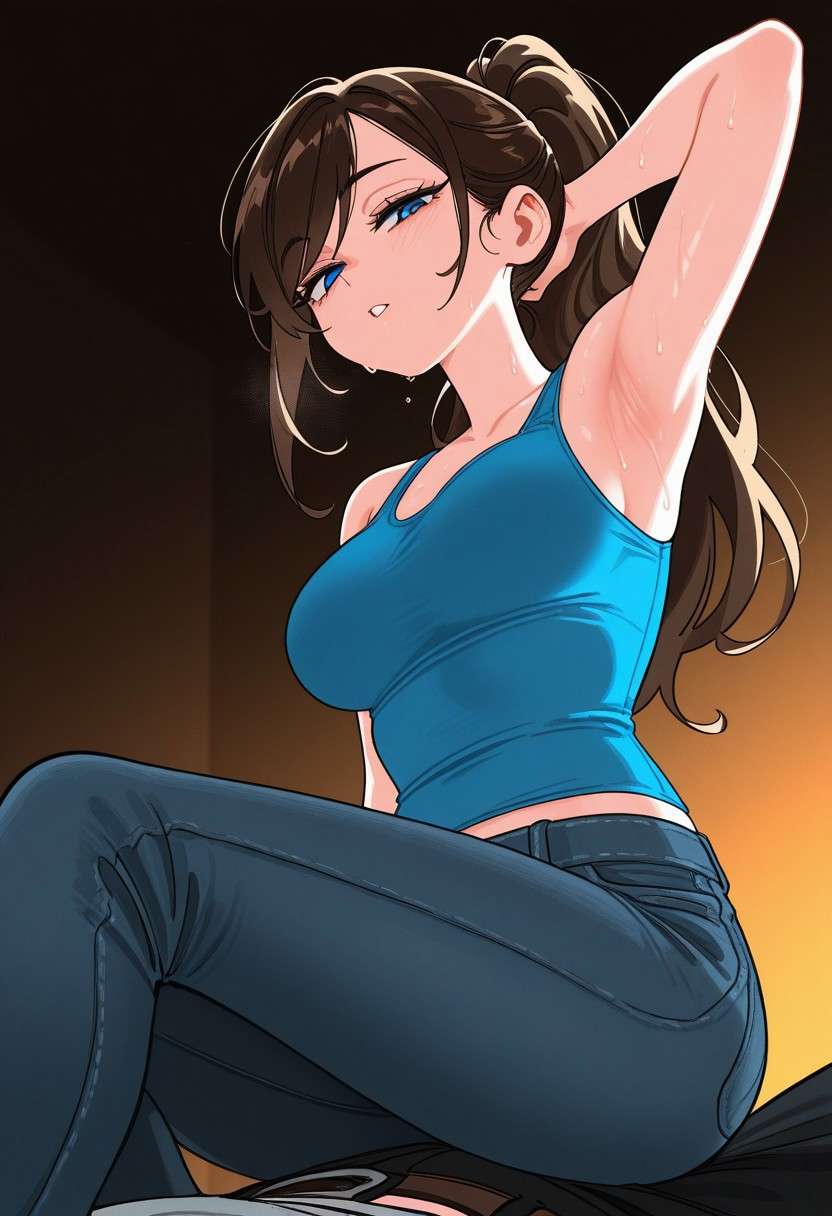 1girl, ai generated, armpits, arms up, blue eyes, brunette hair, class of '09, jeans, looking at viewer, male out of frame, nicole (class of '09), ponytail, sitting on person, sweat, sweaty, sweaty armpit, tank top
