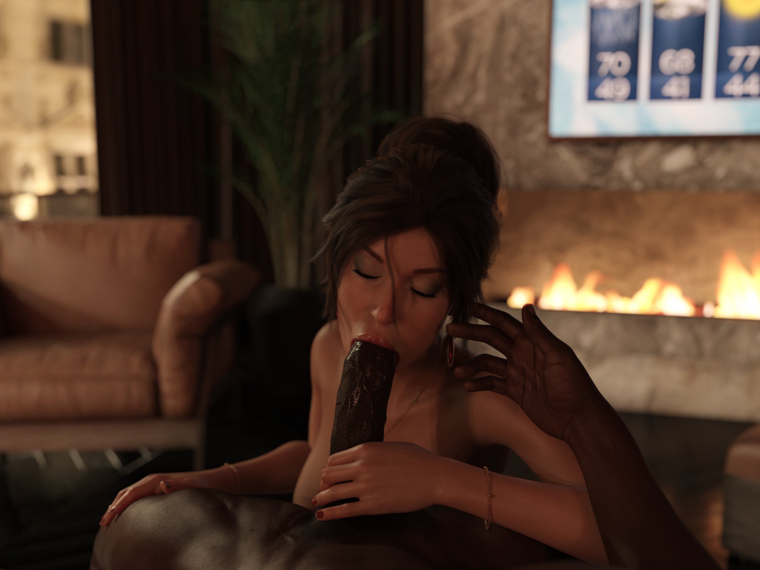 1boy, 1girl, 1girls, 3d, blowjob, blurry, blurry background, bracelet, breasts, brown eyes, brown hair, busty, closed eyes, completely nude female, completely nude male, couch, dark skin, dark-skinned male, depth of field, earrings, fellatio, female, hair between eyes, hair bun, hairbun, hetero, hourglass figure, indoors, interracial, jewelry, lara croft, lara croft (survivor), lips, long hair, male, nail polish, nude, oral, oral sex, penis, ponytail, pov, ring, saliva, sickcycle, solo focus, submissive female, sucking penis, tagme, tomb raider, tomb raider (survivor), uncensored, updo, very dark skin