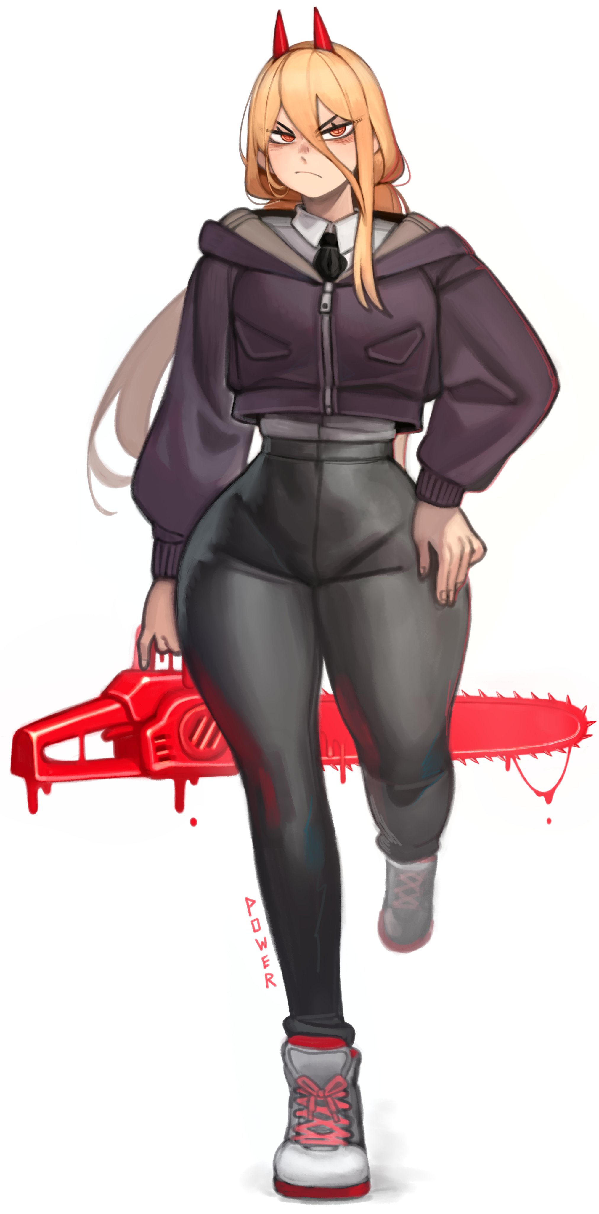 1girl, 1girls, 2026, 2d (artwork), annoyed expression, chainsaw, chainsaw man, fully clothed, hand on hip, high resolution, holding object, hourglass figure, kelvin hiu, outline, power (chainsaw man), slim waist, sneakers, solo, solo female, solo focus, thick thighs, tight clothing, tight pants, white background, wide hips, wide thighs