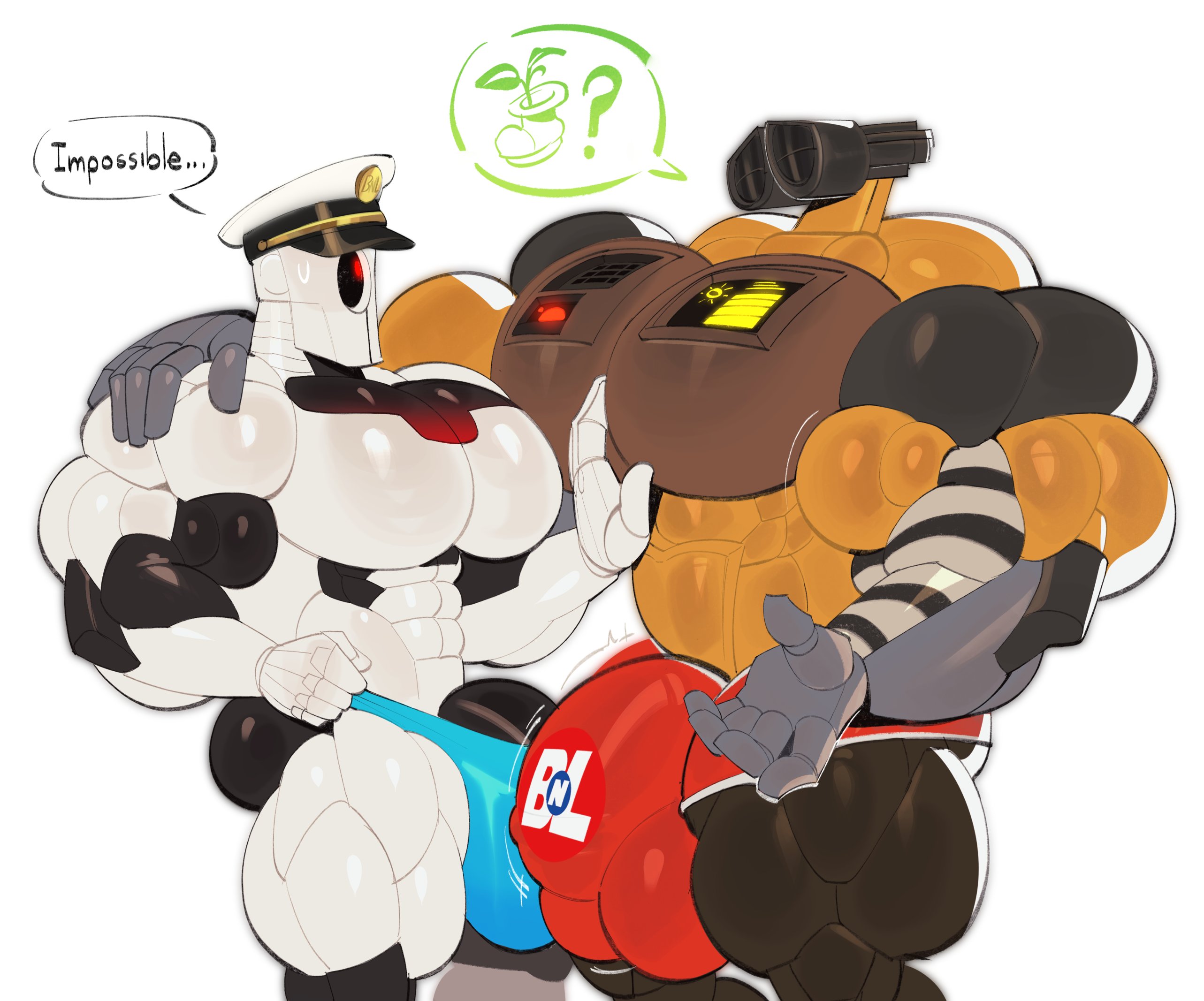 auto (wall-e), bara, bulge, dymitr3, getting erect, muscular, muscular male, muscular robot, one eye, robot, robot only, size difference, speech bubble, surprised, surprised expression, surprised reaction, text, text bubble, thong, two males, wall-e, wall-e (character)