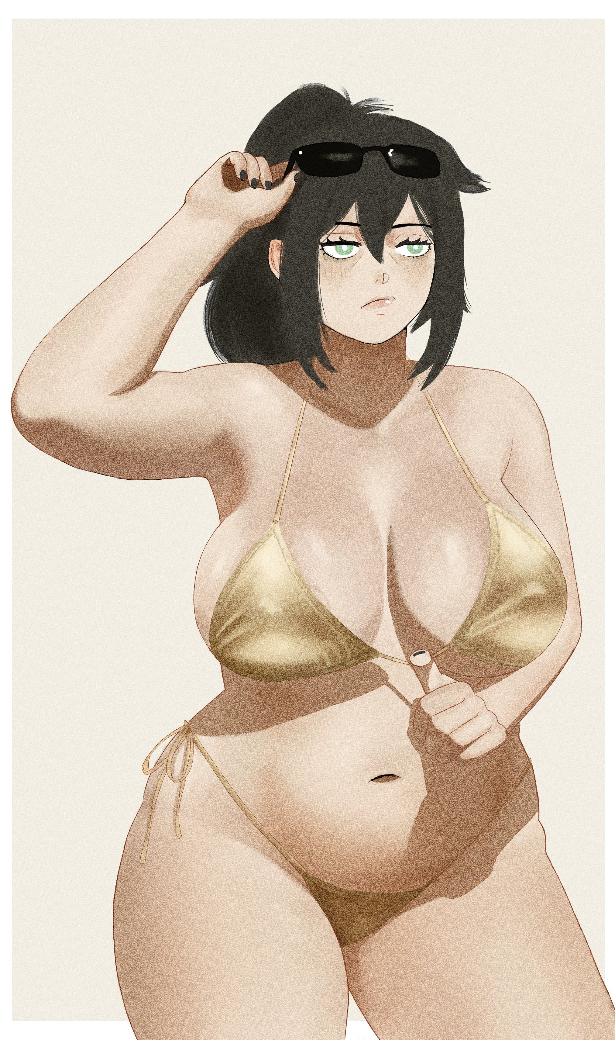 1girls, ahsern19552, alternate version available, arm up, armpits, big breasts, bikini, bikini bottom, bikini top, bikini top pull, black hair, black nail polish, black nails, bottomwear, breasts, busty, child bearing hips, cleavage, female, female only, green eyes, hair, headwear, hips, large breasts, lips, mature, mature female, mature woman, milf, mother, nail polish, nails, navel, ponytail, pulled by self, renee graves, sensual, sexy, solo, solo female, sunglasses, sunglasses on head, swimwear, teasing, the coffin of andy and leyley, thong bikini, tied hair, topwear, yellow bikini