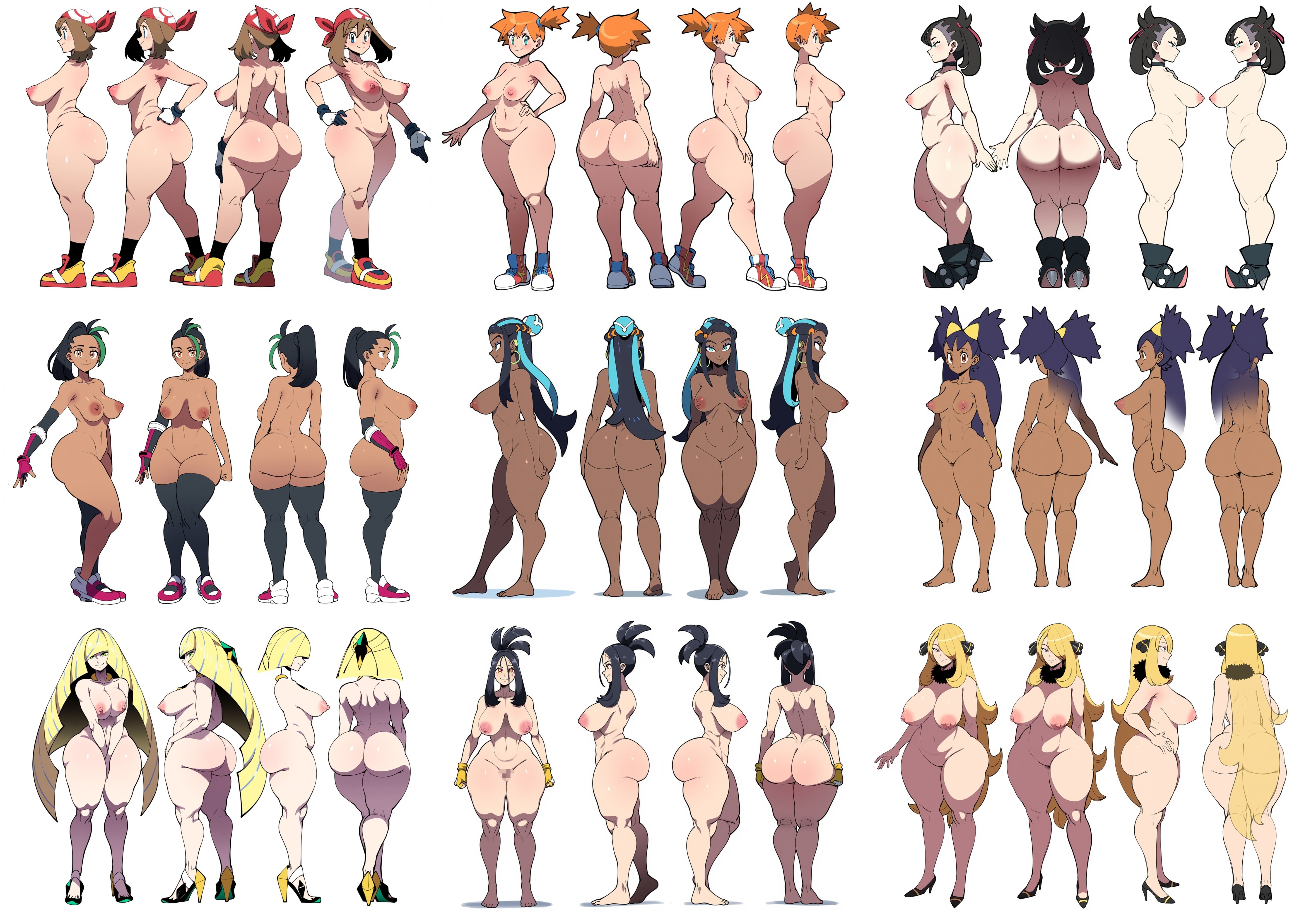 ai generated, alternate breast size, areola, areolae, armpits, arms behind back, ass, big ass, big belly, big breasts, big butt, big nipples, bimbo, blue eyes, blue hair, breasts, breasts bigger than head, breeding slave, bubble ass, bubble butt, busty, character sheet, child bearing hips, chubby, chubby female, completely nude, creatures (company), curvaceous, curvy, cynthia (pokemon), dendra (pokemon), dumptruck ass, enormous breasts, erect nipples, fat ass, fat ass teen, female, female only, game freak, gigantic ass, gigantic breasts, gigantic thighs, grandma, green eyes, gym leader, hips, hourglass figure, huge ass, huge breasts, huge butt, huge nipples, hyper, hyper bimbo, hyper breasts, iris (pokemon), kasumi (pokemon), large areolae, large ass, large breasts, large nipples, light skin, long hair, looking back, looking to the side, lusamine (pokemon, lusamine (pokemon), marnie (pokemon), massive ass, massive breasts, massive thighs, may (pokemon oras), may (pokemon), milf, milkers, misty (pokemon), mommy, mommy milkers, mullon, multiple females, multiple girls, navel, nemona (pokemon), nessa (pokemon), nintendo, nipples, nude, nude female, orange hair, orthographic views, perky breasts, perky nipples, plump, plump ass, plump breasts, pokemon, pokemon (anime), pokemon dppt, pokemon rgby, pokemon rse, pokemon sm, pokemon ss, pokemon sv, ponytail, professor, puffy areola, puffy nipples, purple hair, reference sheet, sagging breasts, sideboob, simple background, size difference, smile, teenage girl, teenager, thick, thick ass, thick thighs, tsundere, upper body, venus body, voluptuous, voluptuous female, voluptuous teenager, wet, wet body, white background, wide hips