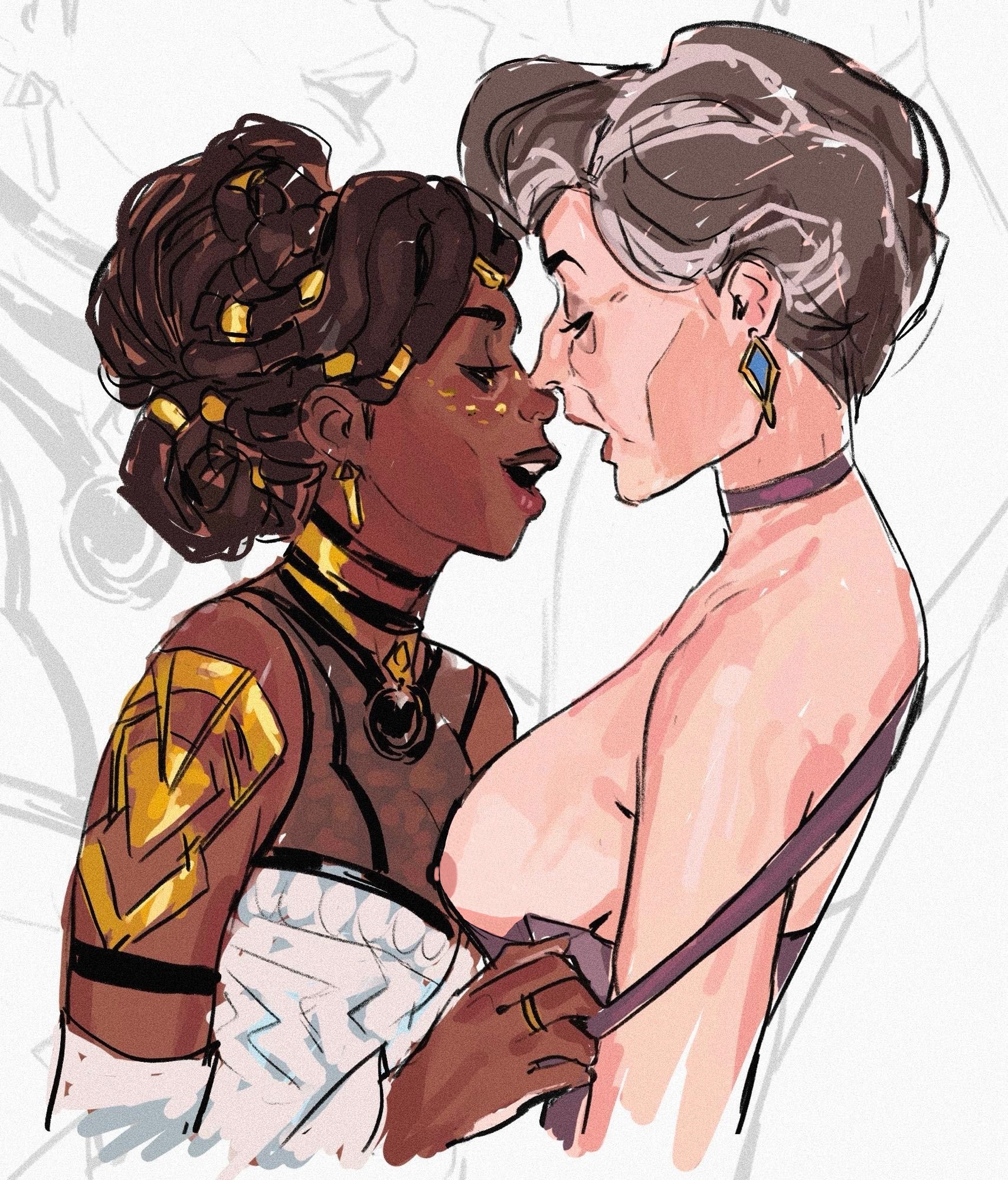 2girls, age difference, arcane, areolae, assisted exposure, breasts, cassandra kiramann, clothing pull, cookieduh (edit), dark skin, dark-skinned female, dreadlocks, earrings, ebony, edit, edited by uploader, eyes closed, female only, gilf, grey hair, hair ornament, hygienic cat, imminent kiss, jewelry, league of legends, mel medarda, multiple girls, naked breasts, nipples, old, old and young, old woman yuri, older female, open mouth, removing clothing, sideboob, smile, smiling, undressing, yuri