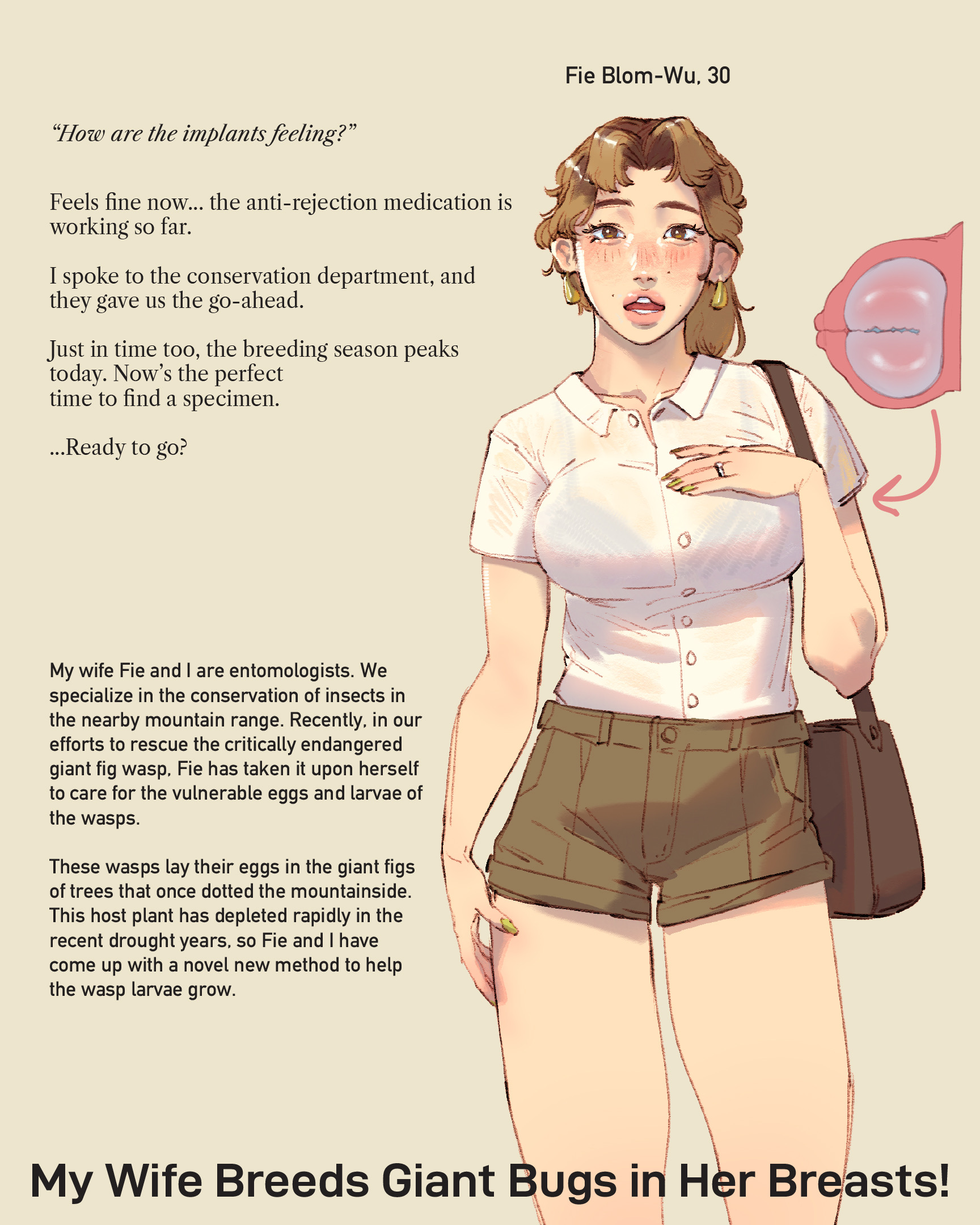 2d, body modification, breast implants, english text, female, fie blom-wu, frosted salmon, fully clothed, insectophilia, insects, nail polish, original, painted fingernails, painted nails, shorts, text, woman, zoophilia