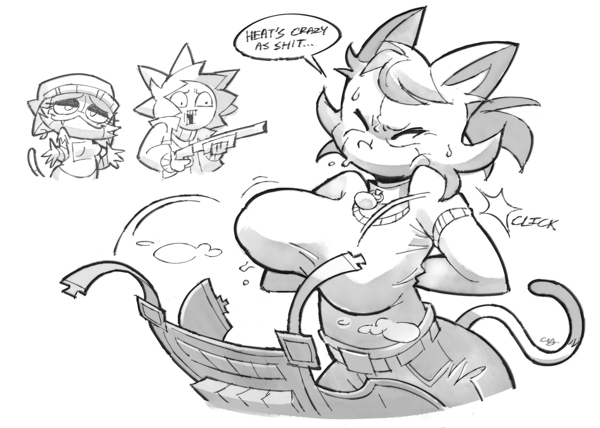 1boy, 2girls, anthro, anthro only, big breasts, boobs, bulletproof vest, cat, cate meowdy (fortnite), chris shwafer, chriss (artist), clothed, cousins, dangling breasts, dialogue, felid, feline, fortnite, fortnite skin, fortnite: battle royale, hot, huge breasts, humanoid cat, meow skulls, meow skulls (fortnite), monochrome, nameko delivery, onomatopoeia, shocked expression, shotgun, smug face, sunspot (fortnite), swearing, sweating, taking off clothes, thick thighs