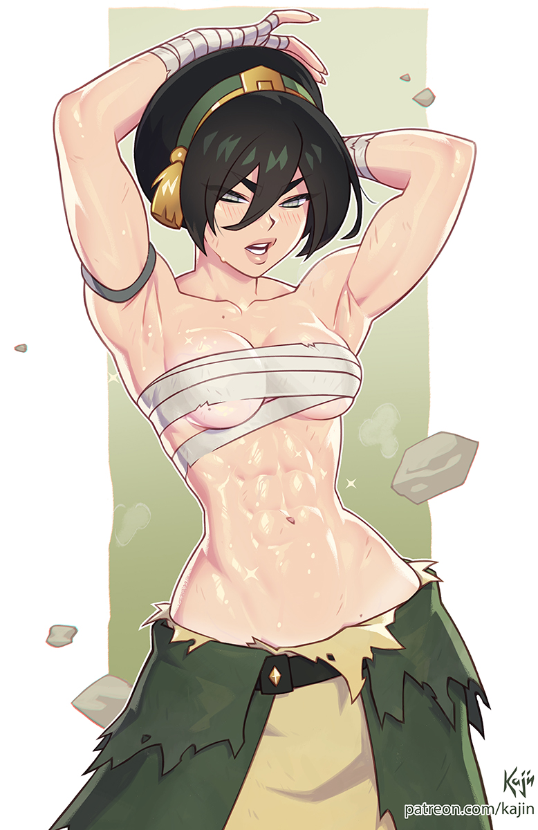 1girls, 2026, 2d, 2d (artwork), abs, alternate version available, armpits, arms up, artist name, avatar the last airbender, binding, black hair, blind, blind female, buff, clothed, clothing, detailed armpit, earth bending, female, female only, fit, fit female, green background, grey eyes, human, human only, kajinman, large breasts, medium breasts, patreon, post-timeskip, powers, questionable, scars, simple background, solo, solo female, sports tape, sweat, sweaty, terrakinesis, the legend of aang, toned, toned female, toph bei fong, white border