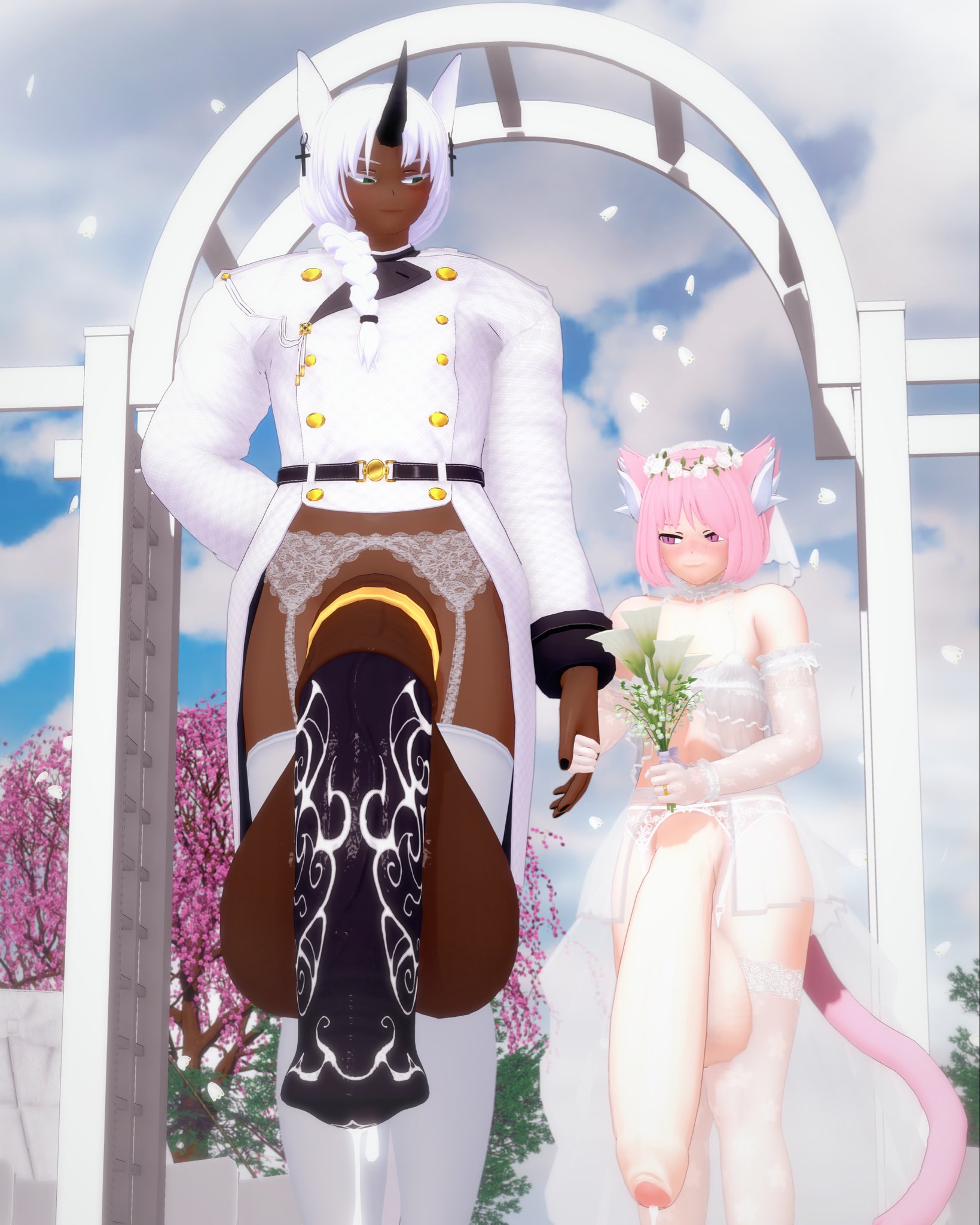 2boys, 3d, adrian (tightertemp), animal ears, animal genitalia, animal humanoid, animal penis, animal tail, balls, balls bigger than head, belt, big balls, black nails, blush, braided ponytail, cat boy, cat ears, cat eyes, cat tail, catboy, cherry blossoms, cloud, clouds, cock ring, dark-skinned male, dripping cum, dripping precum, equine genitalia, equine penis, fayth (tightertemp), feline, femboy, flared penis, flower, flower in hair, foreskin, garter straps, gay, genital markings, giant penis, gigantic penis, green eyes, half-closed eyes, hand holding, hanging balls, holding flower, horn, horsecock, huge balls, huge cock, hung, hung bottom, hung femboy, hung trap, hyper balls, hyper penis, koikatsu, lace-trimmed thighhighs, light-skinned male, looking at another, looking at partner, looking at penis, looking down, male, male only, markings, massive penis, outdoors, outside, partially clothed, penis, penis bigger than head, penis bigger than torso, penis markings, pink eyes, pink hair, pink tail, ponytail, precum, short hair, size difference, smile, standing, tail, thighhighs, tightertemp, uncircumcised, uncut, unicorn horn, veil, wedding, wedding attire, wedding dress, wedding lingerie, wedding ring, wedding veil, white hair, white thighhighs