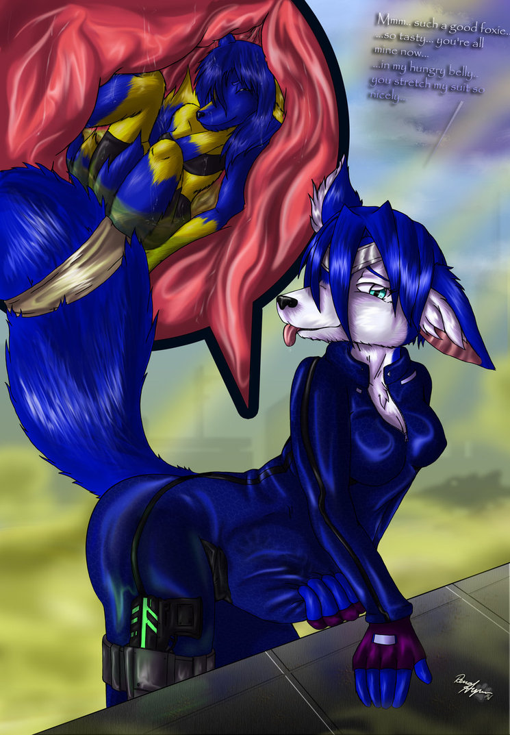 anthro breasts canine clothing digestion female fox furry internal krystal raised_tail rena_ayama_(artist) skin_tight star_fox stomach stomach_bulge tail vore