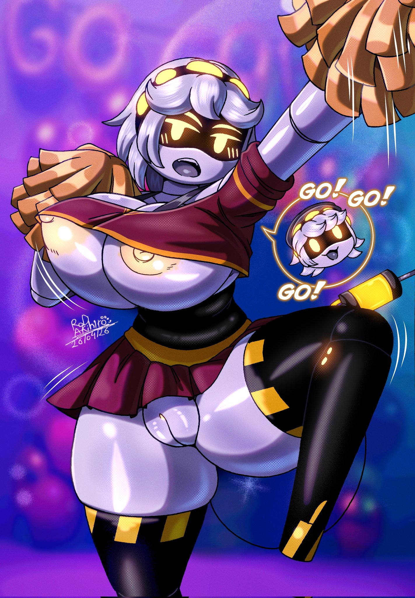 , 1boy, 1girls, areola, ass, big areola, big ass, big breasts, big nipples, big thighs, breasts, cheering, cheerleader, cheerleader outfit, cheerleader uniform, clothing, dialogue, drone, erect nipples, female, female focus, gigantic ass, gigantic breasts, gigantic thighs, glitch productions, glowing eyes, hat, huge areola, huge ass, huge breasts, huge nipples, huge thighs, male, murder drones, n (murder drones), nipples, pussy, robot, robot girl, rod akihiro, short hair, silver hair, tail, text, thick thighs, thighs, v (murder drones), yellow eyes