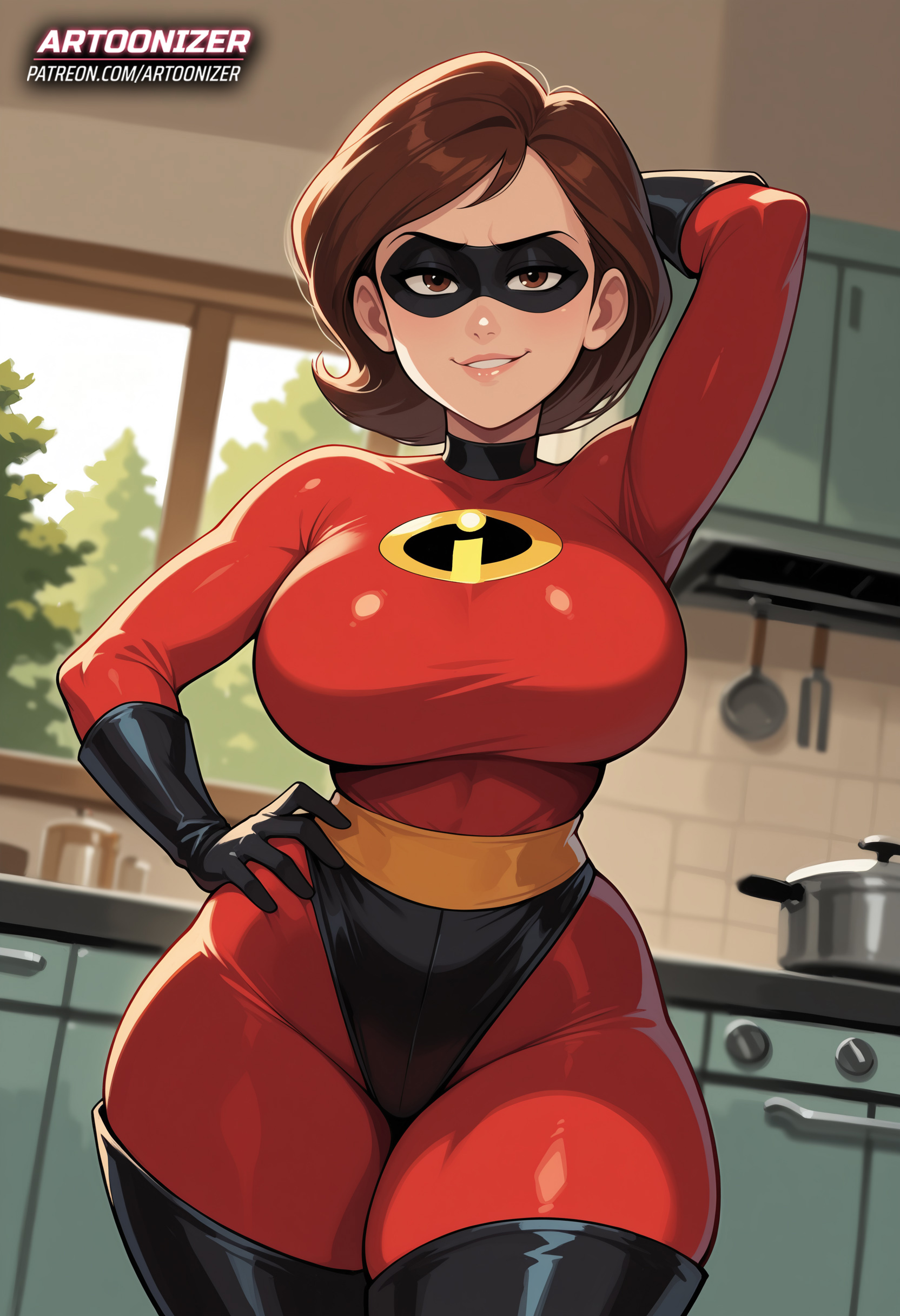 1girls, ai generated, artoonizer, belt, big ass, big breasts, bodysuit, breasts, brown eyes, brown hair, curvaceous, curvy, curvy figure, disney, domino mask, elastigirl, female, flirting, gloves, hand behind head, hand on hip, helen parr, huge breasts, kitchen, latex gloves, latex legwear, legwear, light skin, light-skinned female, looking at viewer, mask, massive breasts, mature, mature female, milf, patreon, patreon username, pixar, posing, short hair, smile, solo, solo female, solo focus, standing, superhero, the incredibles, the incredibles 2, thick hips, thick thighs, thighhighs, wide hips