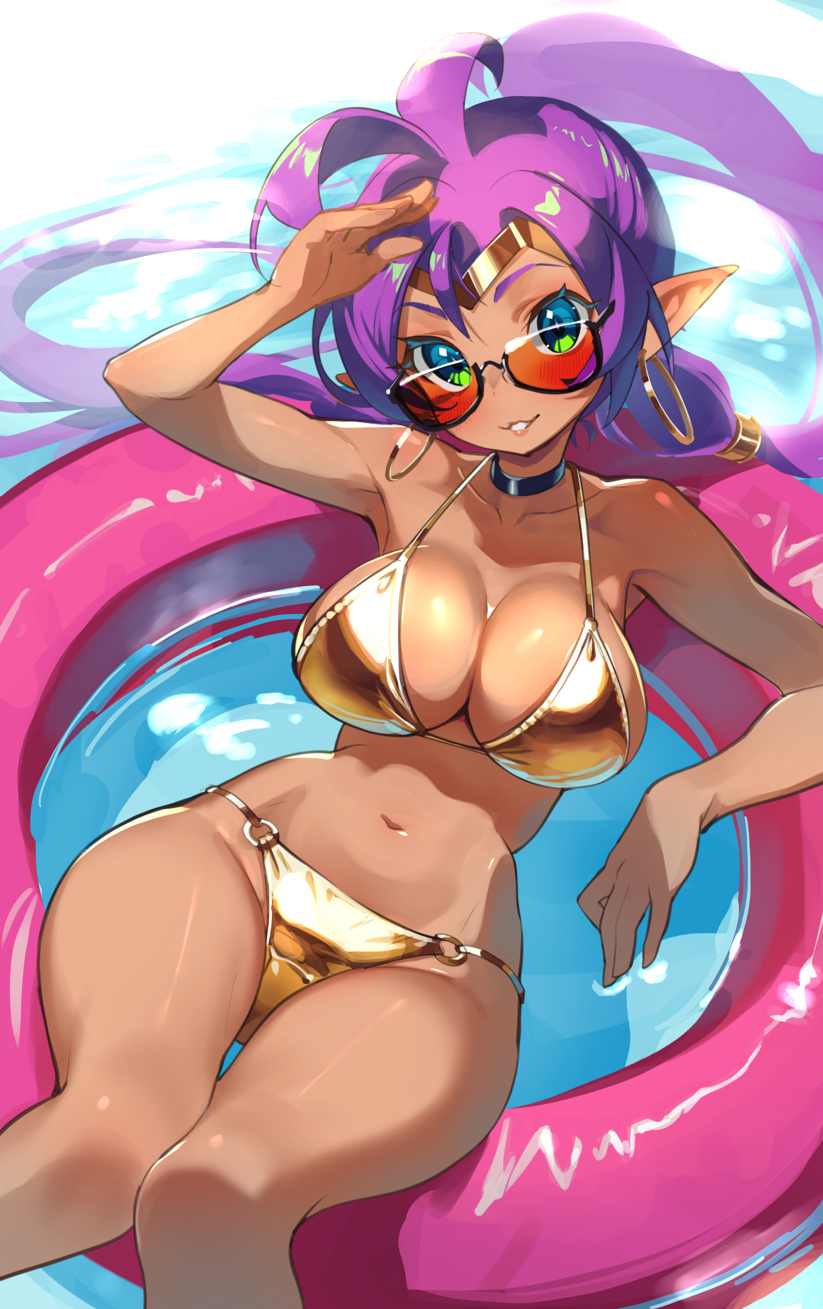 1girls, big ass, big breasts, bikini, black choker, blue eyes, bracelet, breasts, choker, dark skin, dark-skinned female, day, earrings, genie girl, gold bikini, golden bikini, hoop earrings, jewelry, large breasts, life is pi, long hair, looking at viewer, navel, open mouth, partially submerged, pointy ears, ponytail, purple hair, shantae, shantae (character), smile, solo, sunglasses, swimsuit, very long hair, water