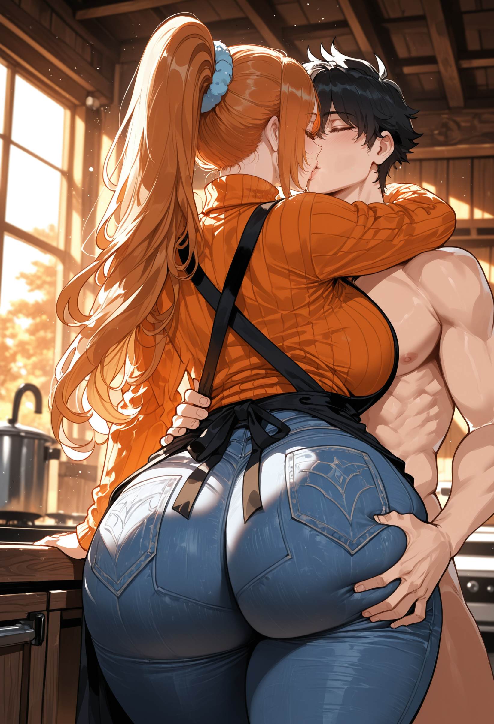 1boy, 1girls, ai generated, ass, ass focus, ass grab, ass visible through thighs, attractive, attractive body, attractive female, beautiful, beautiful girl, big ass, big breasts, big butt, big thighs, bleach, breasts, breasts bigger than head, busty, curvy, cute, duo, fat ass, fat butt, female, giant breasts, grabbing ass, hand around neck, hot, huge ass, huge breasts, huge butt, huge thighs, inoue orihime, jeans, kissing, kitchen, light-skinned female, light-skinned male, male, massive ass, massive breasts, massive butt, miyuai, mommy, orange clothing, orange eyes, orange hair, pants, seductive, sex, sexy, sexy body, sexy female, thick, thick ass, thick body, thick booty, thick butt, thick legs, thick thighs, tight clothes, tight clothing, tight fit, tight jeans, tight pants, voluptuous, waifu